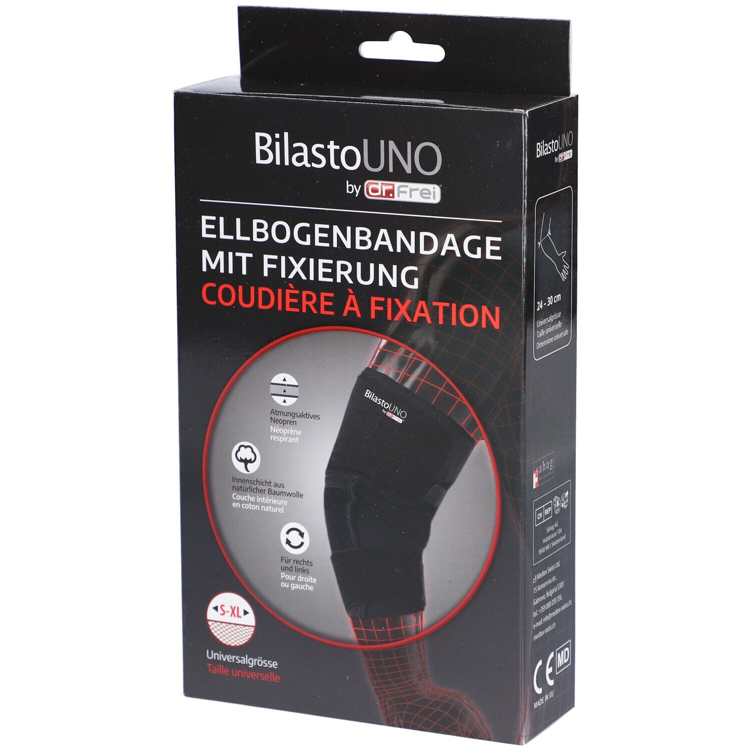 Zwarte elleboogbandage in verpakking. Tekst: BilastoUno, Elleboogbandage met fixatie, S-XL, universele maat.