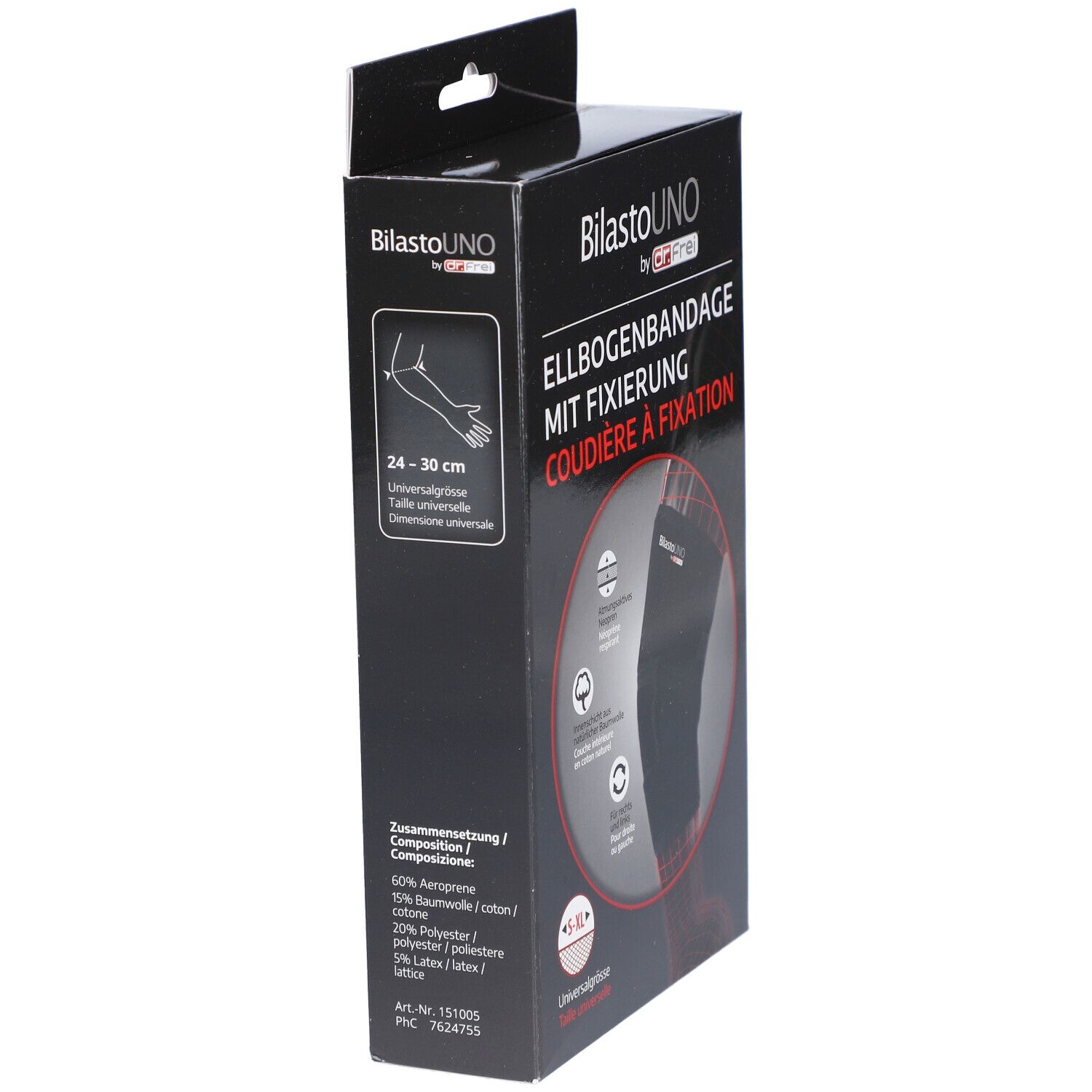 Zwarte elleboogbandage in verpakking. Tekst: BilastoUno, Elleboogbandage met fixatie, 24-30 cm, universele maat.