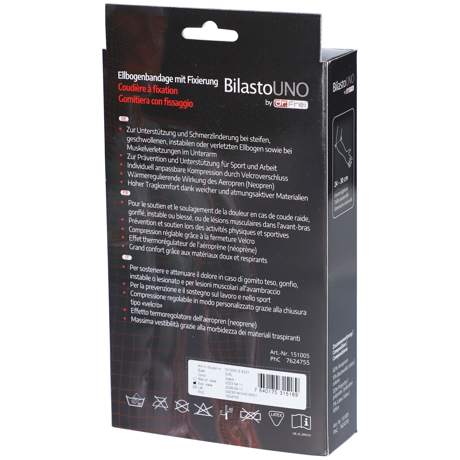 Achterkant van de verpakking. Tekst: Elleboogbandage met fixatie, BilastoUno, informatie over gebruik en materialen.