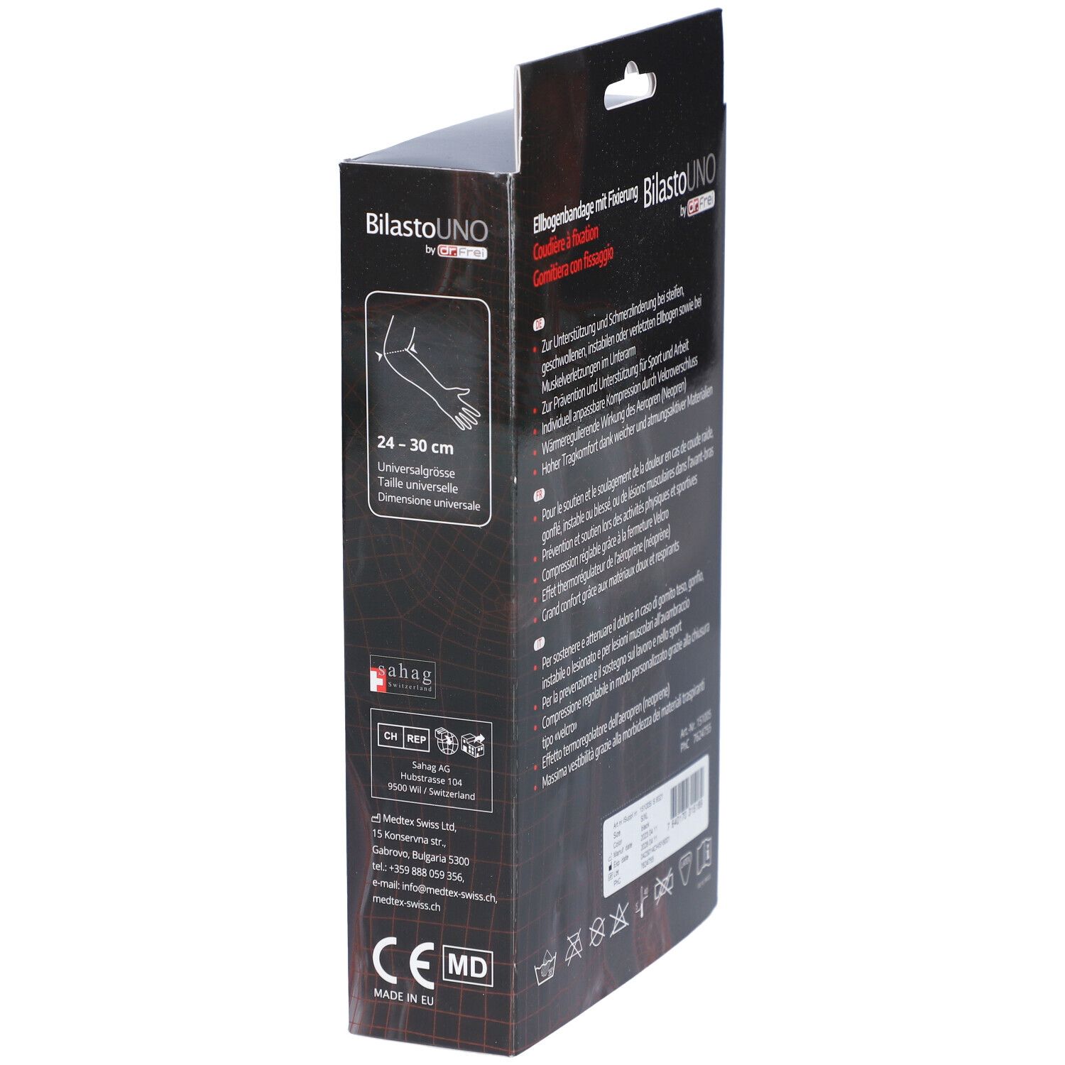 Zijkant van de verpakking. Tekst: BilastoUno, Elleboogbandage met fixatie, 24-30 cm, CE-markering.