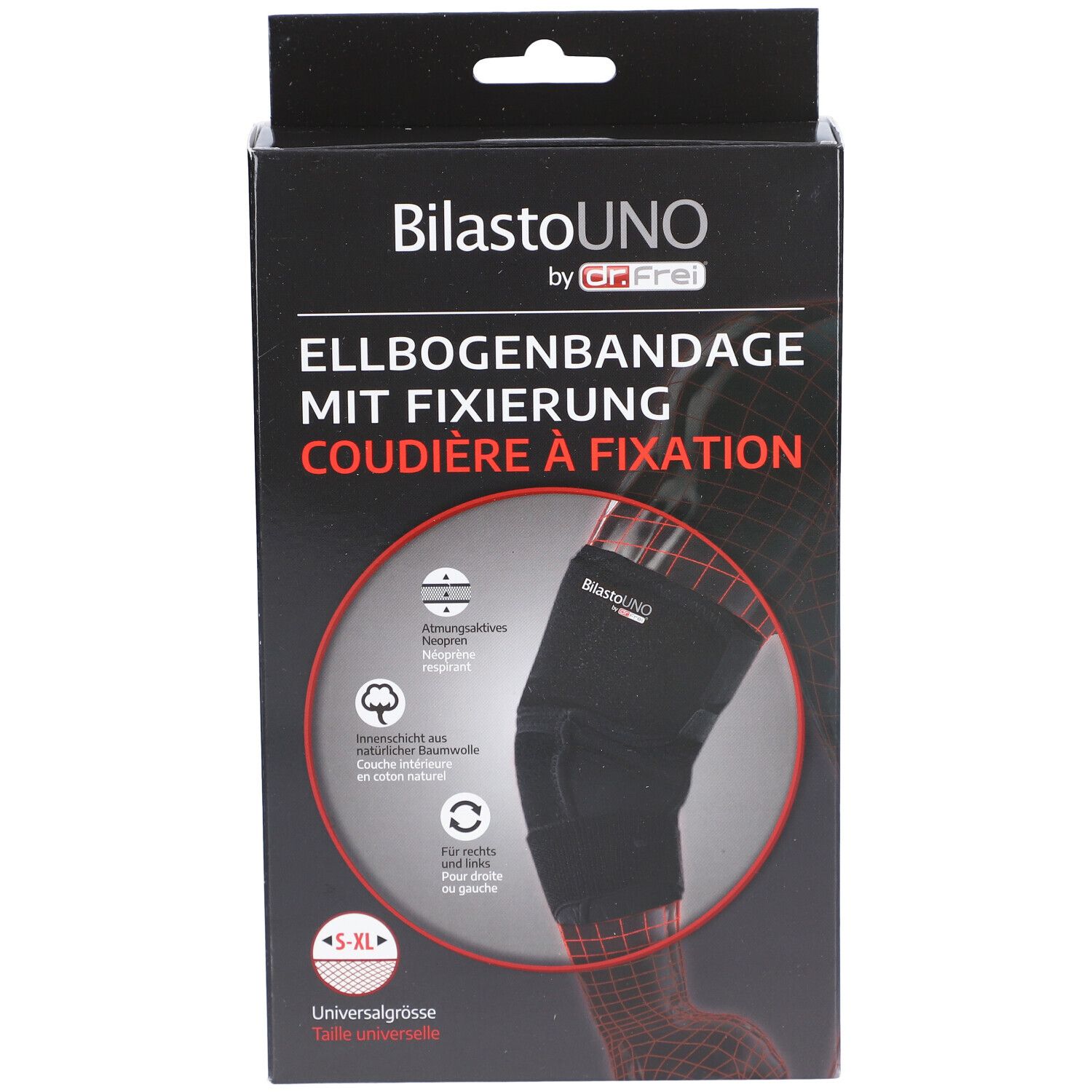 Zwarte elleboogbandage in verpakking. Tekst: BilastoUno, Elleboogbandage met fixatie, S-XL, universele maat.