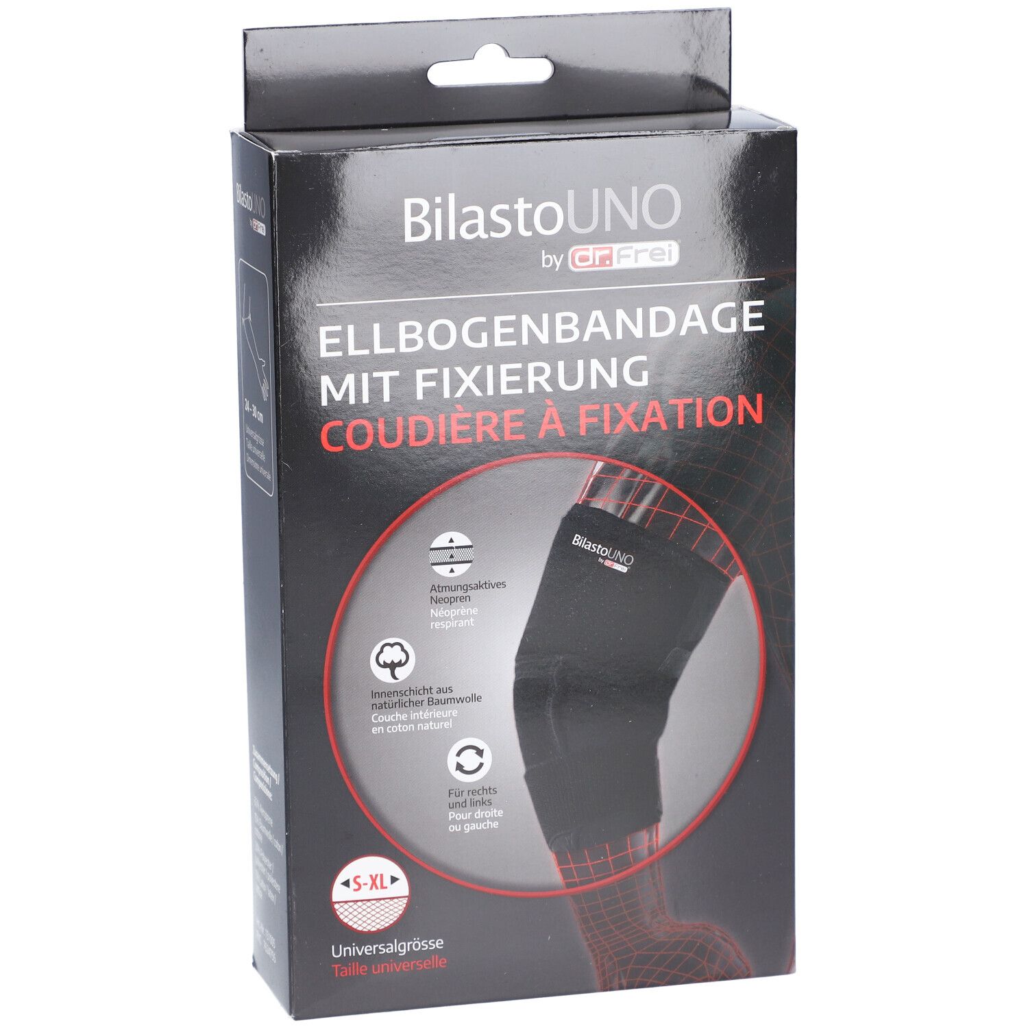 Zwarte elleboogbandage in verpakking. Tekst: BilastoUno, Elleboogbandage met fixatie, S-XL, universele maat.