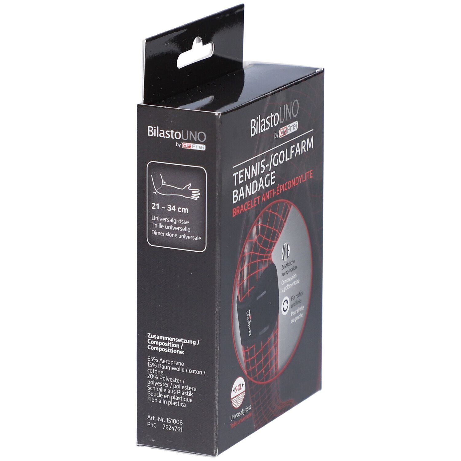 Zwarte doos BILASTO Uno tennis-/golfarmbandage. Zijkant met productinfo en maatindicatie.