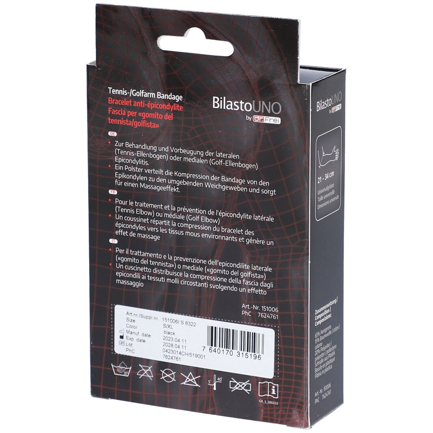 Achterkant zwarte doos BILASTO Uno tennis-/golfarmbandage. Tekst in Duits, Frans en Italiaans.