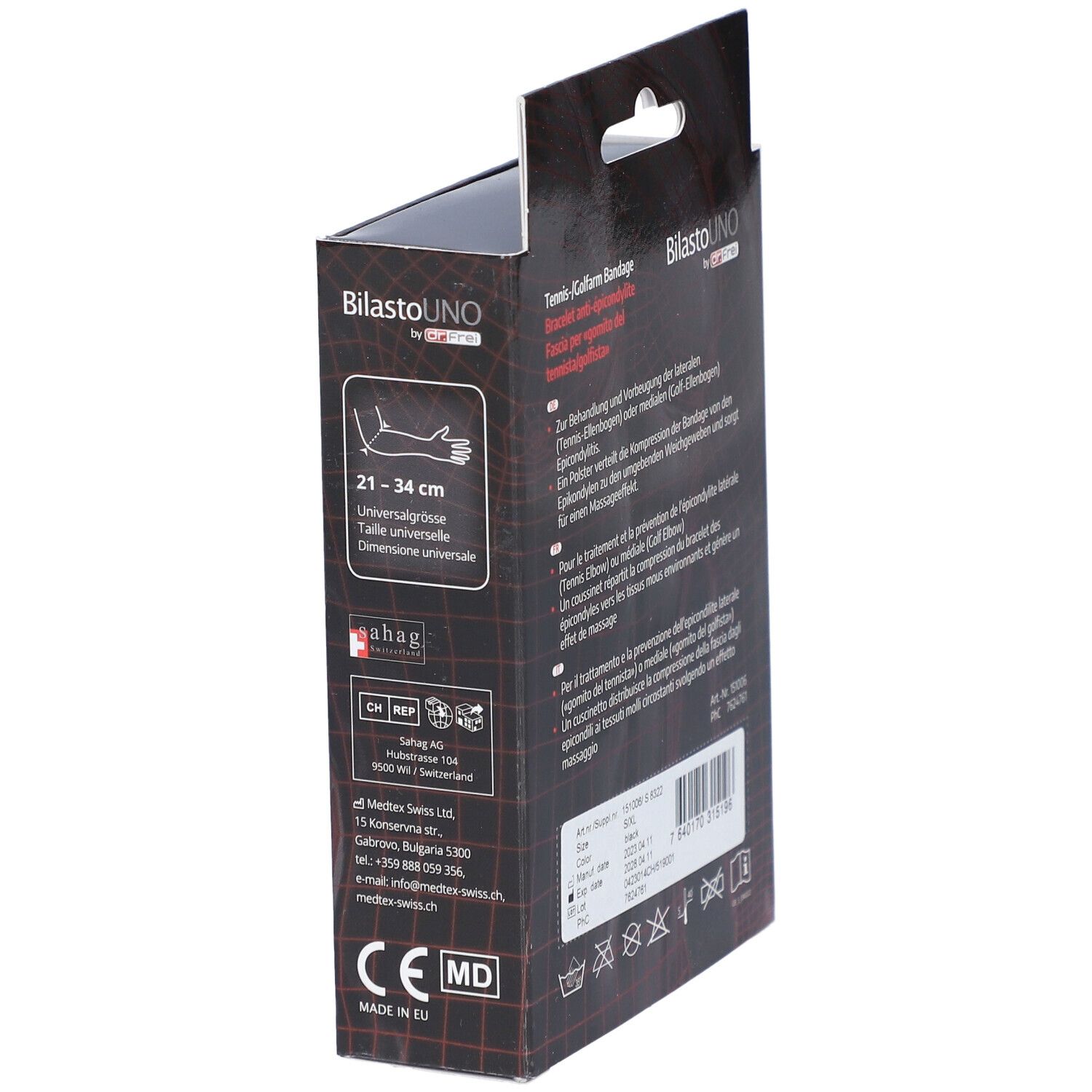 Zijaanzicht zwarte doos BILASTO Uno tennis-/golfarmbandage. Tekst en maatindicaties.