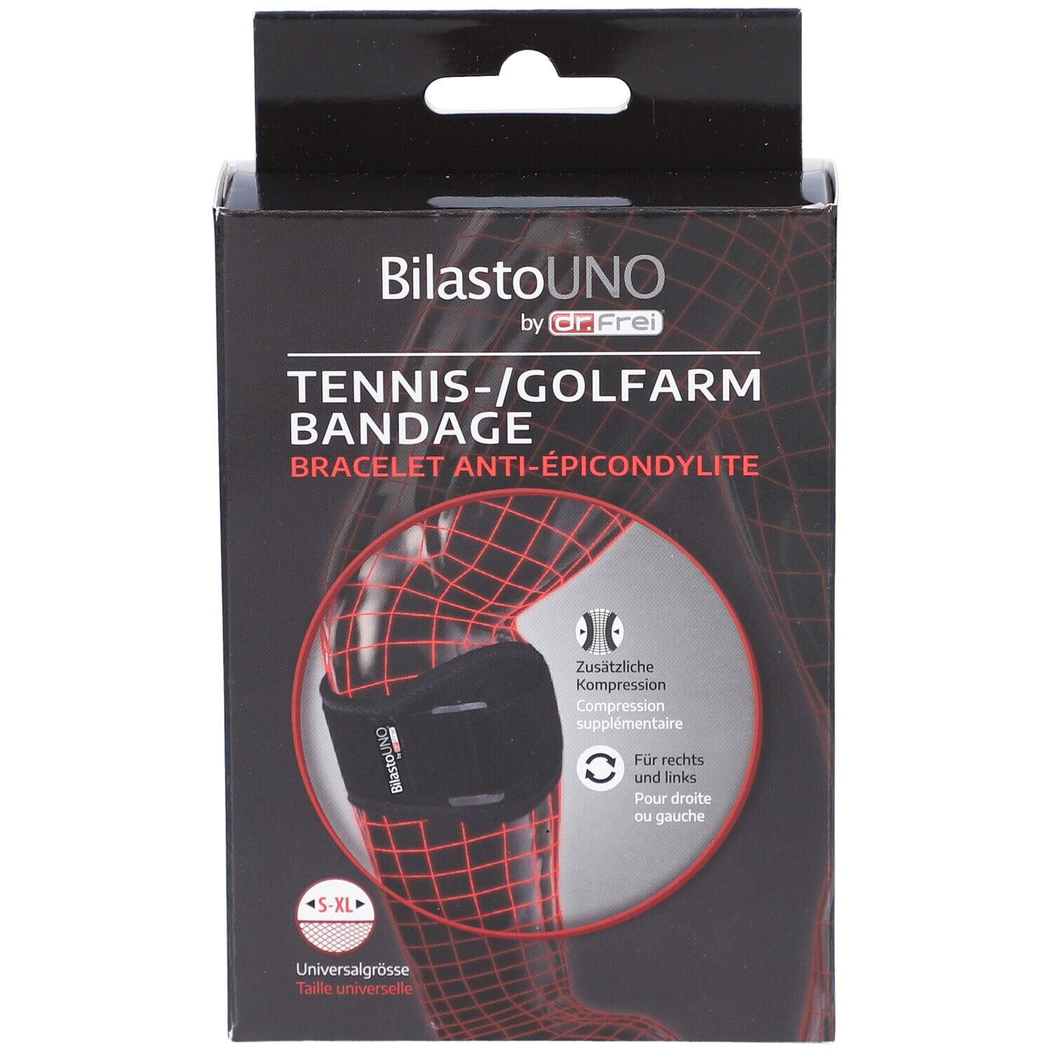 Zwarte doos met BILASTO Uno tennis-/golfarmbandage. S-XL, universele maat. Productillustratie met rood raster.