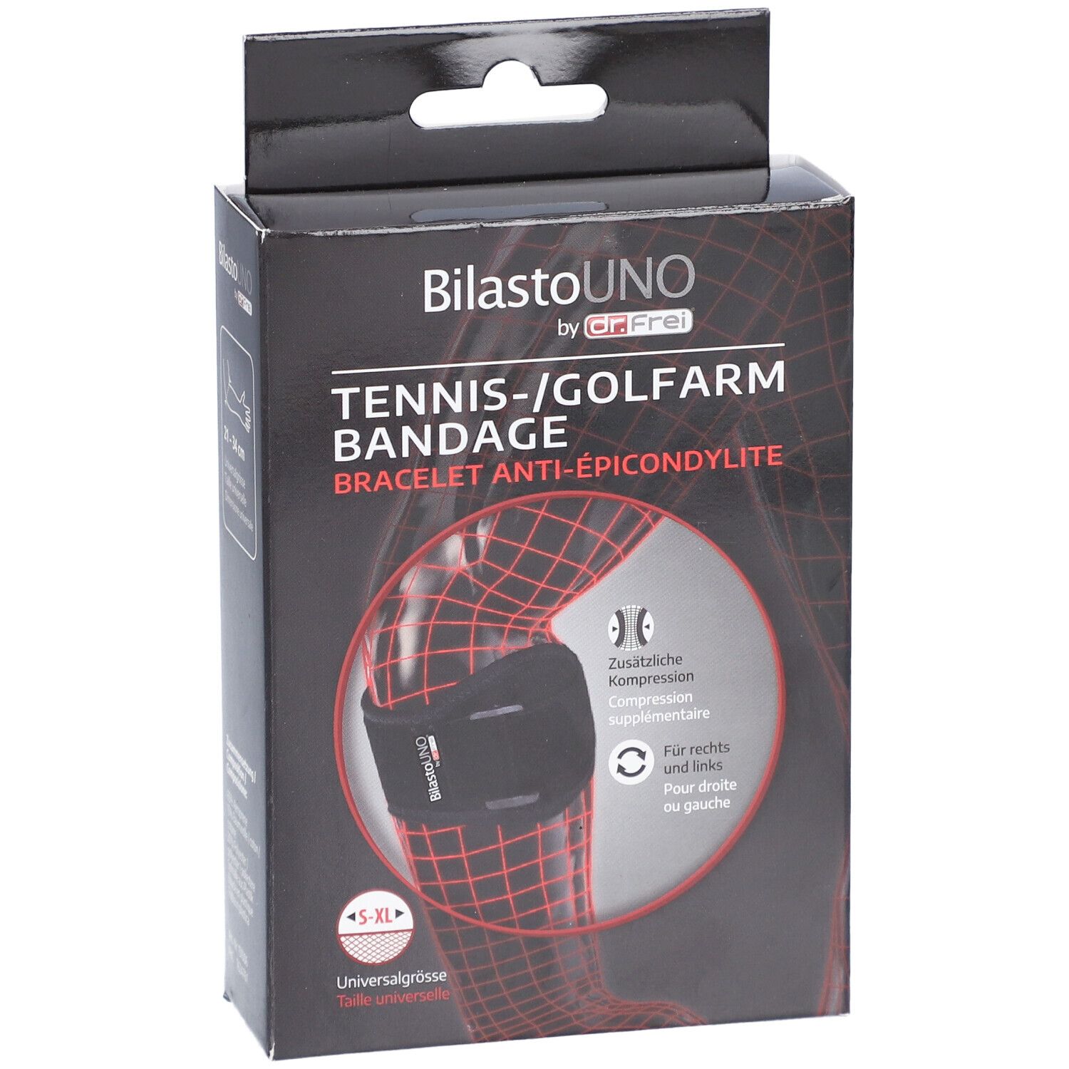 Zwarte doos met BILASTO Uno tennis-/golfarmbandage. S-XL, universele maat. Productillustratie met rood raster.