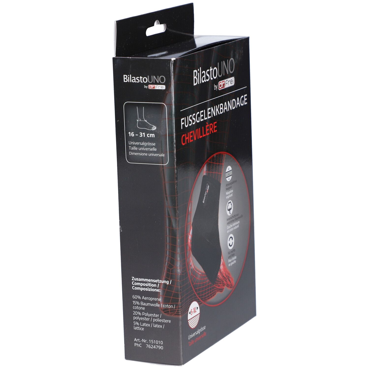 Emballage de la chevillère. Texte: BilastoUNO, Chevillère. Composition, indication de taille.