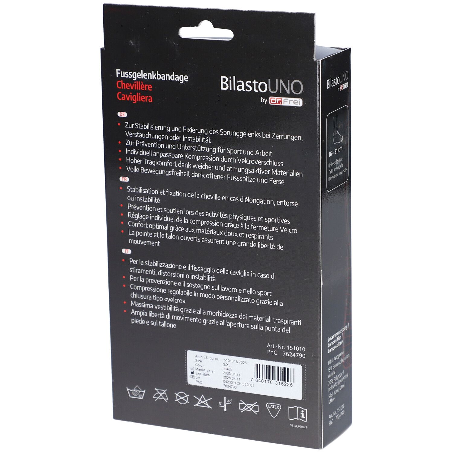 Dos de l'emballage. Texte: BilastoUNO, Chevillère. Description du produit, marquage CE.