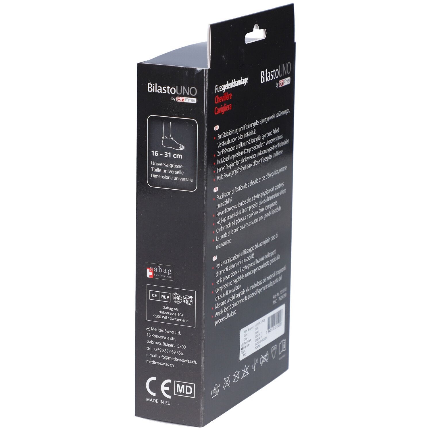 Emballage de la chevillère. Texte: BilastoUNO, Chevillère. Indication de taille, marquage CE.