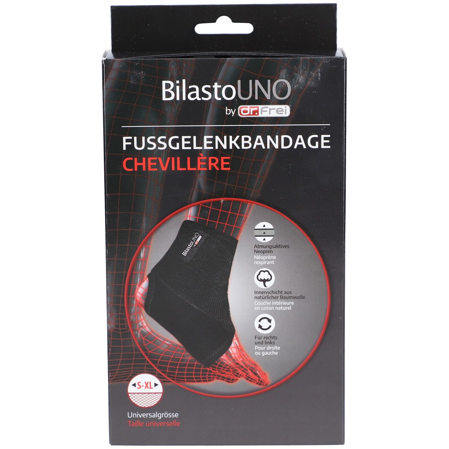 Emballage de la chevillère. Texte: BilastoUNO, Chevillère, S-XL, taille universelle. Illustration.