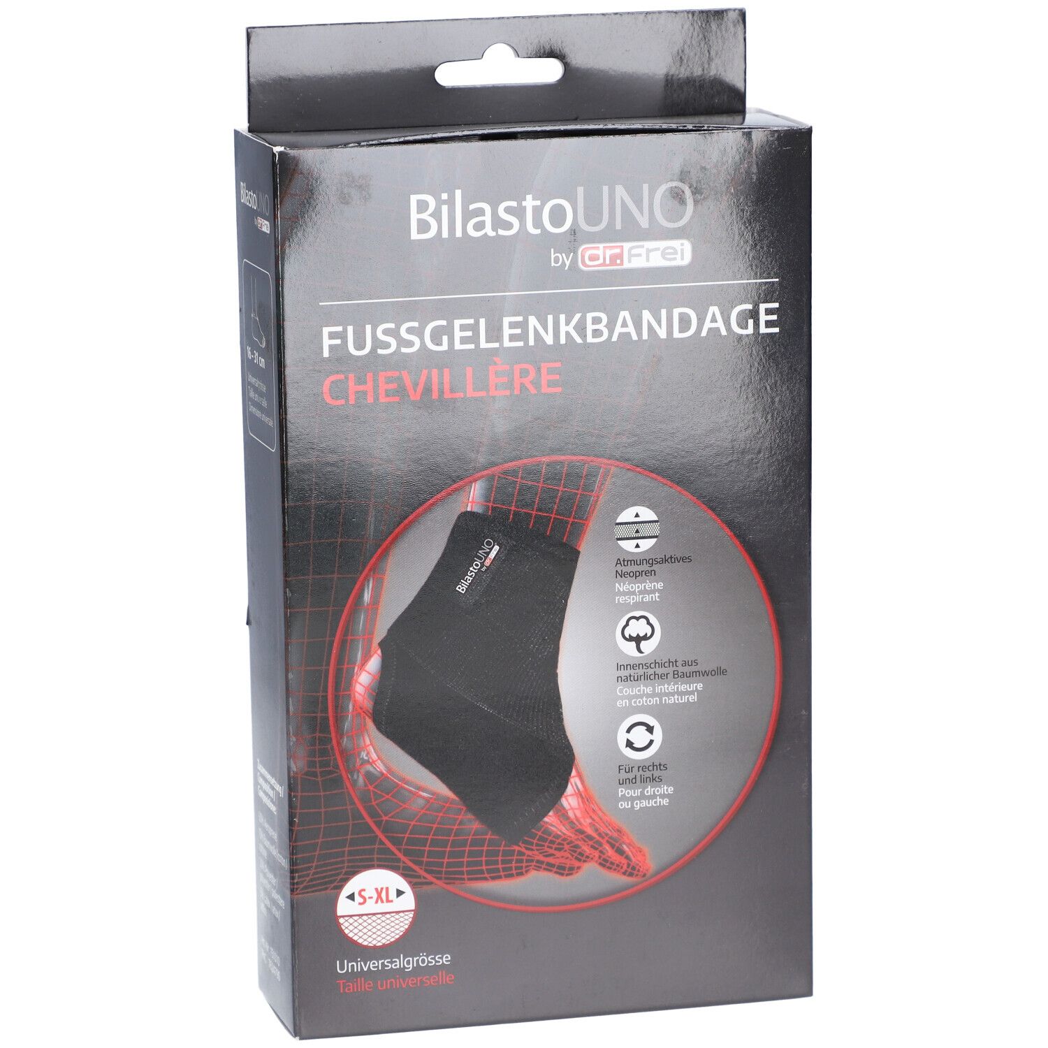 Emballage de la chevillère. Texte: BilastoUNO, Chevillère, S-XL, taille universelle. Illustration.