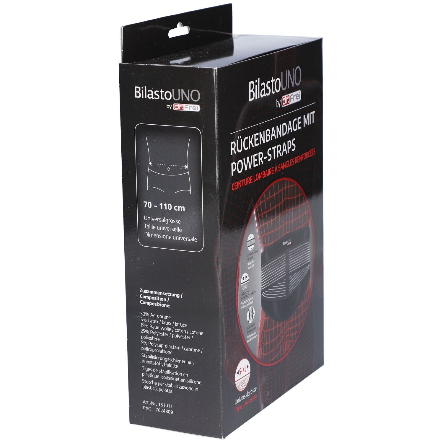 Zwarte verpakking, zijaanzicht. Tekst: Rugband met Power-Straps. Maat: 70-110 cm. Merk: BilastoUNO by Dr. Frei. Ingrediënten.