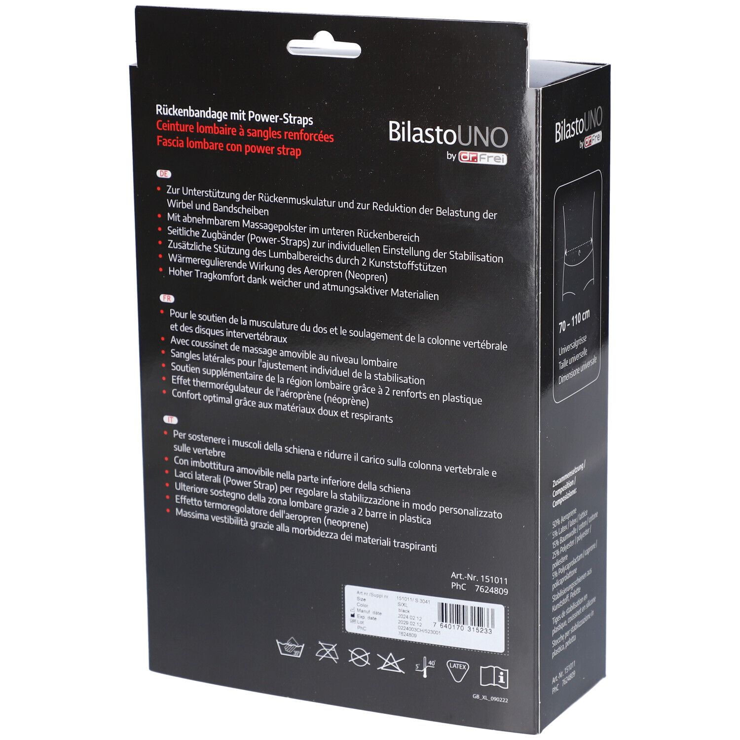 Achterkant van de verpakking. Tekst: Rugband met Power-Straps. Productbeschrijving in het Duits, Frans en Italiaans. Merk: BilastoUNO.