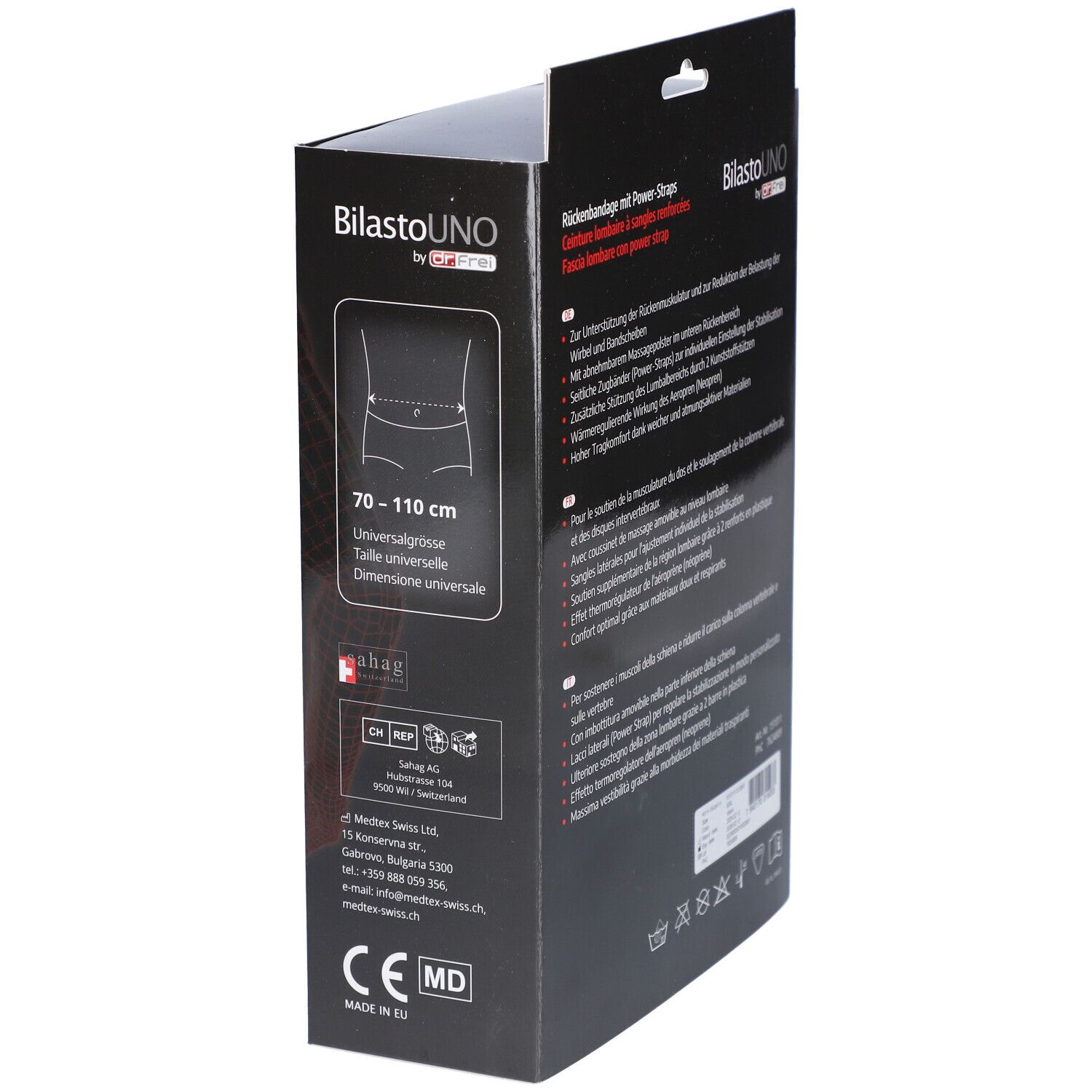 Zijaanzicht van de verpakking. Tekst: Rugband met Power-Straps. Maat: 70-110 cm. Merk: BilastoUNO by Dr. Frei. CE-markering.