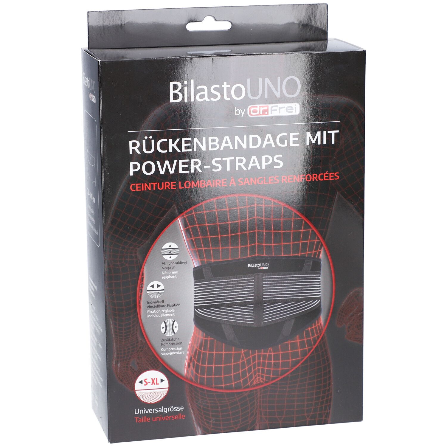 Verpakking met productafbeelding. Tekst: Rugband met Power-Straps. Universele maat S-XL. Merk: BilastoUNO by Dr. Frei. Productweergave.