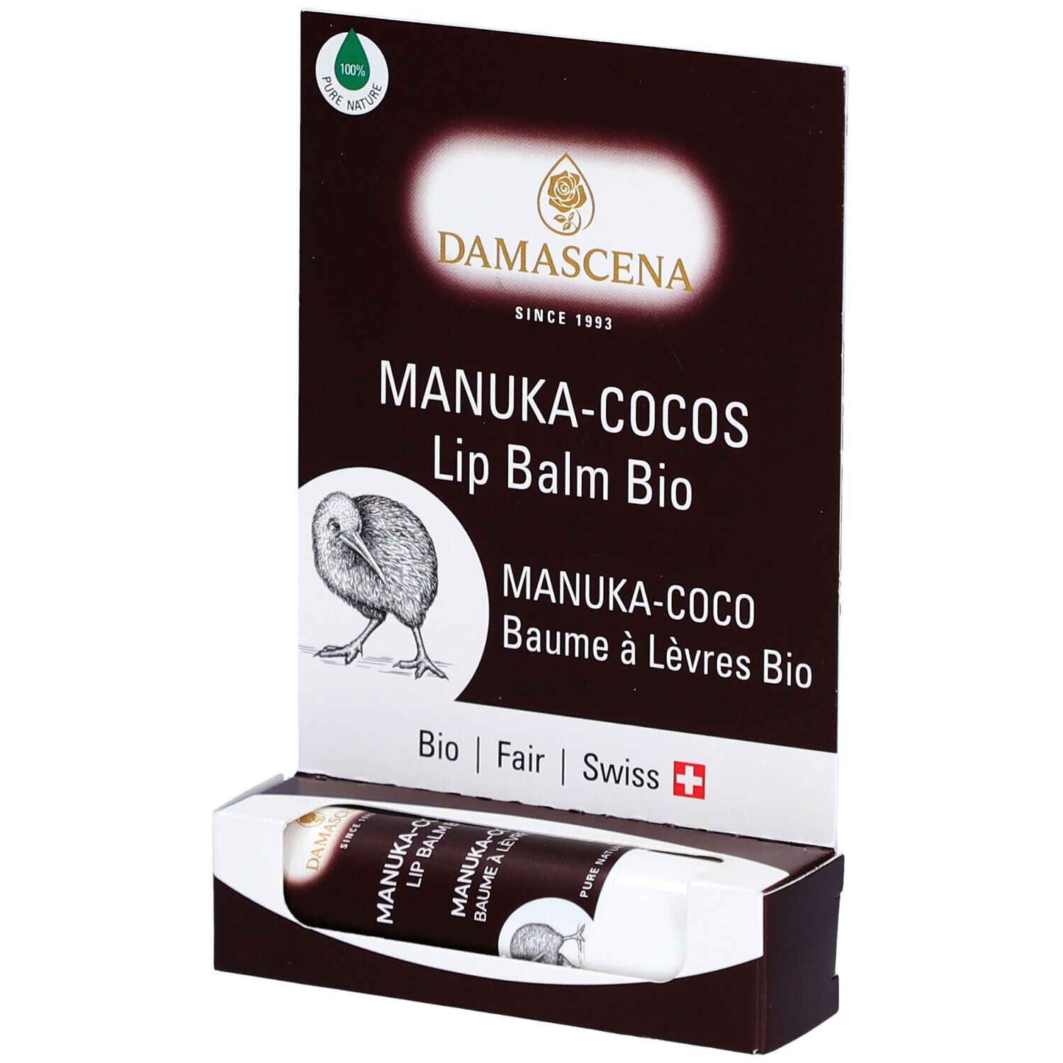 Présentoir avec baume à lèvres. Nom du produit: MANUKA-COCOS Lip Balm Bio. Logo: Kiwi. Emballage avec informations.