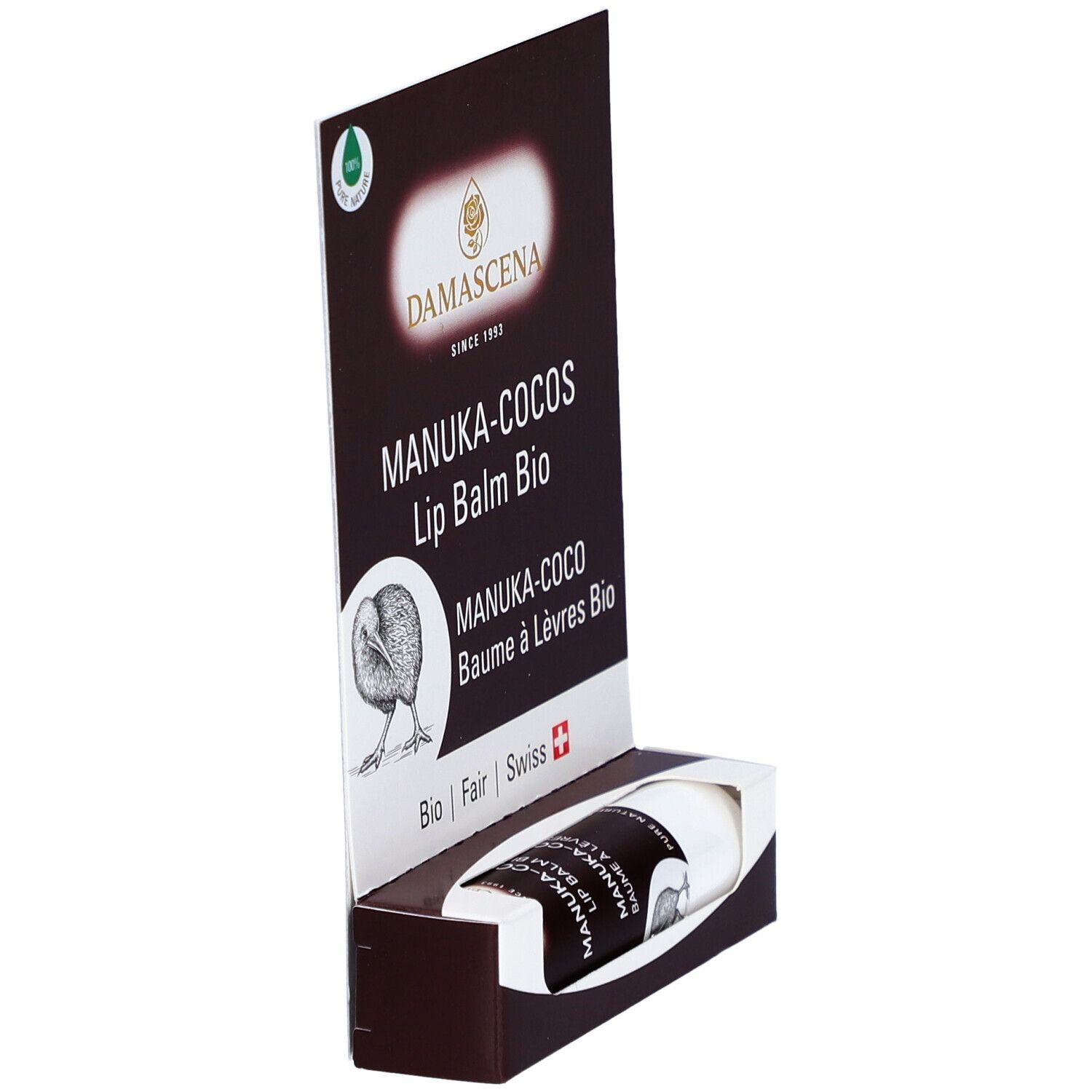 Vue en biais du présentoir avec baume à lèvres. Nom: MANUKA-COCOS Lip Balm Bio. Logo: Kiwi. Emballage.