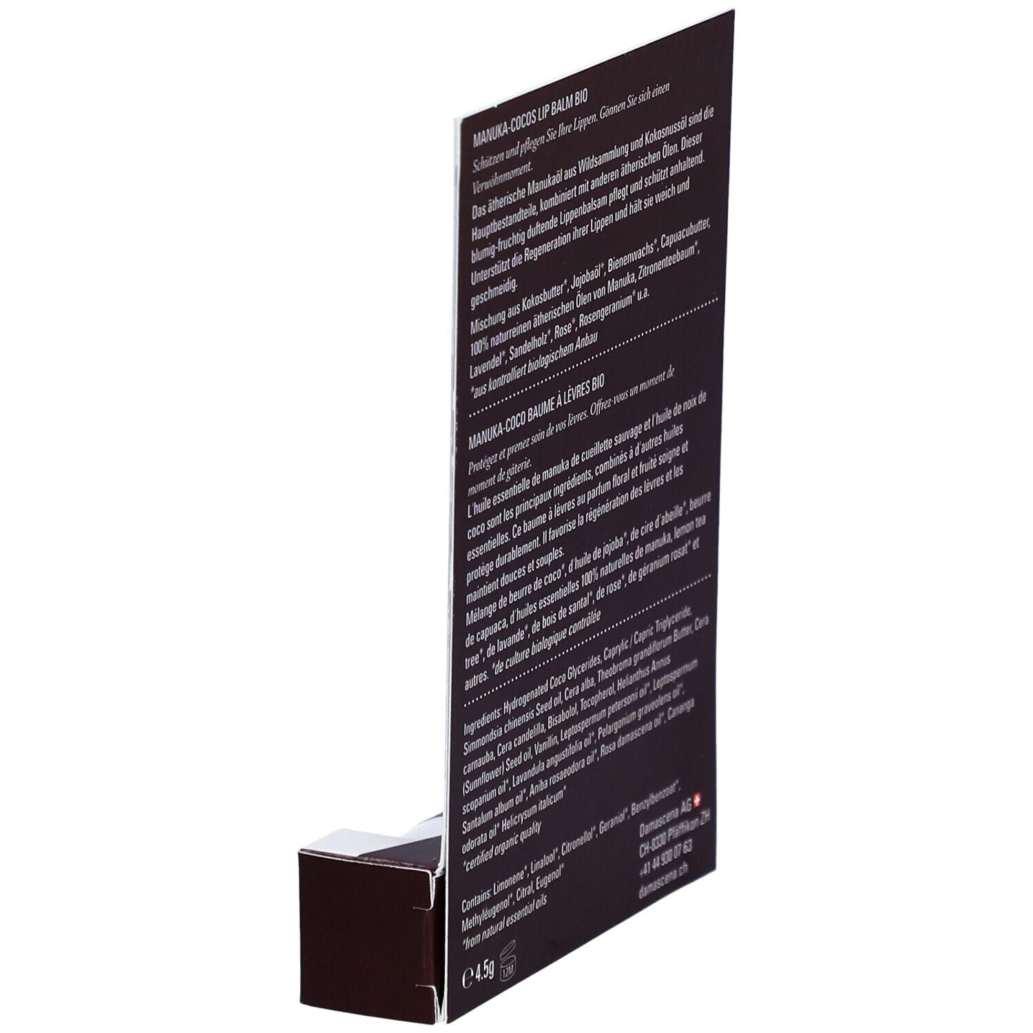 Vue en biais de l'emballage du produit. Texte: ingrédients, informations. Marque: DAMASCENA. Certification: Bio.