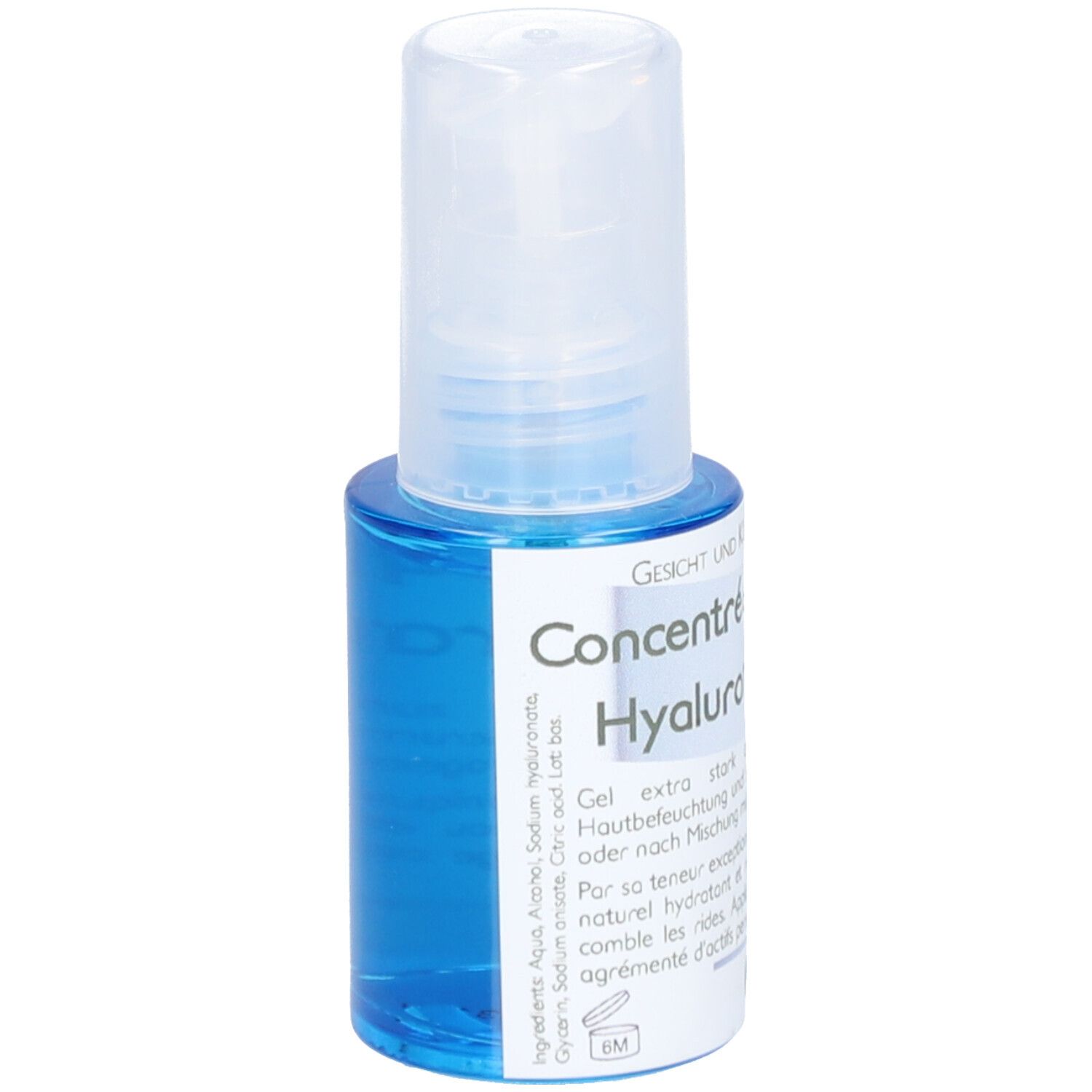 Blauwe fles met witte dop. Opschrift: Gezicht & Lichaam, Concentré Hyaluron. Ingrediënten. Merk: Thiemard.