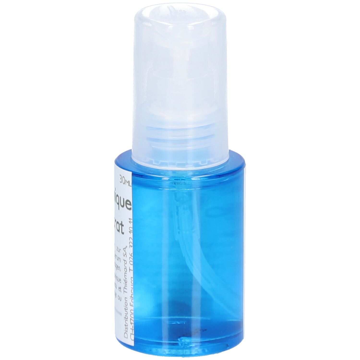 Kleine blauwe fles met witte verstuiver. Opschrift: 30 ml. Merk: Thiemard.