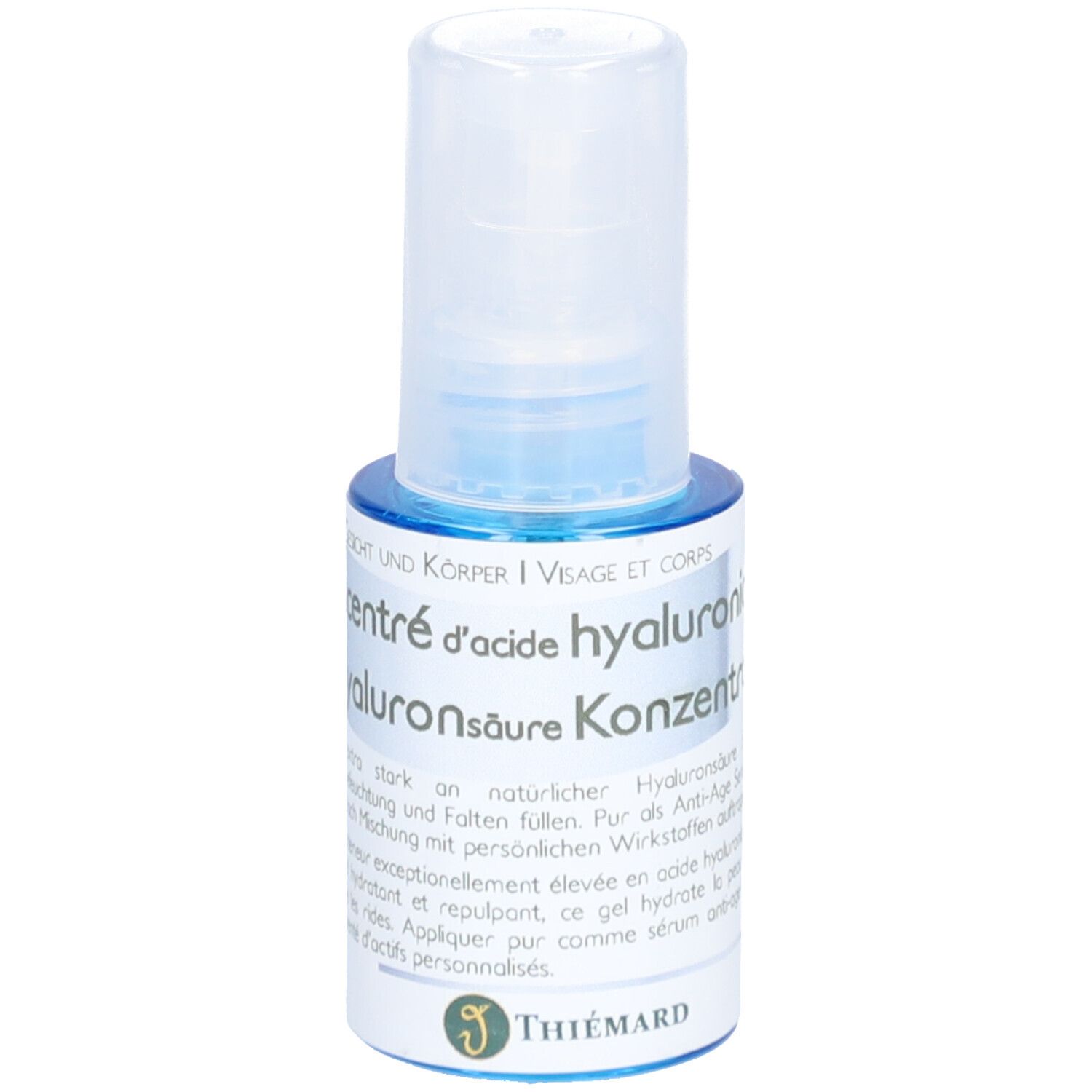 Kleine blauwe fles met witte dop. Opschrift: Gezicht & Lichaam, Hyaluronzuur Concentraat. Merk: Thiemard.
