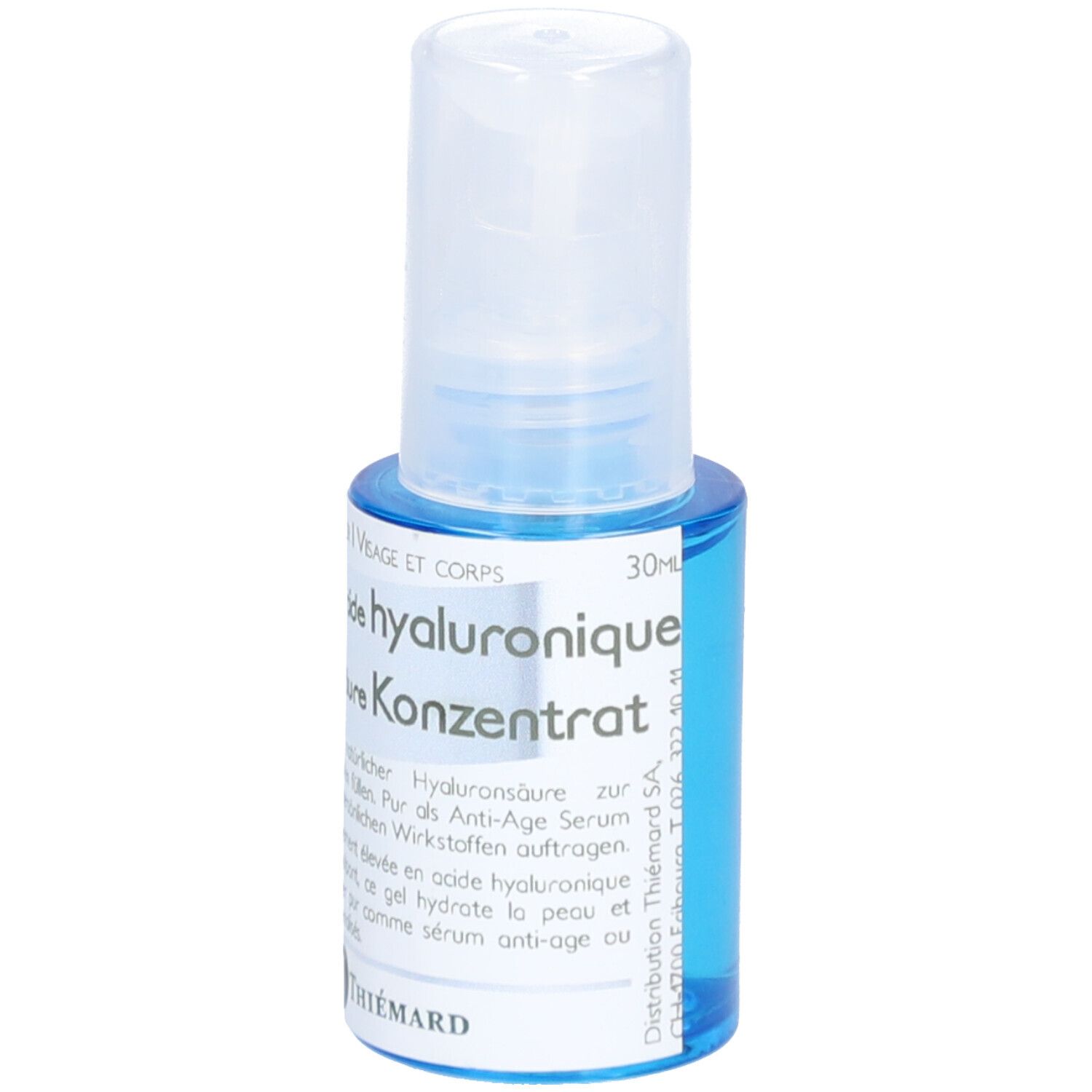 Kleine blauwe fles met witte dop. Opschrift: 30 ml, Hyaluronzuur Concentraat. Merk: Thiemard.