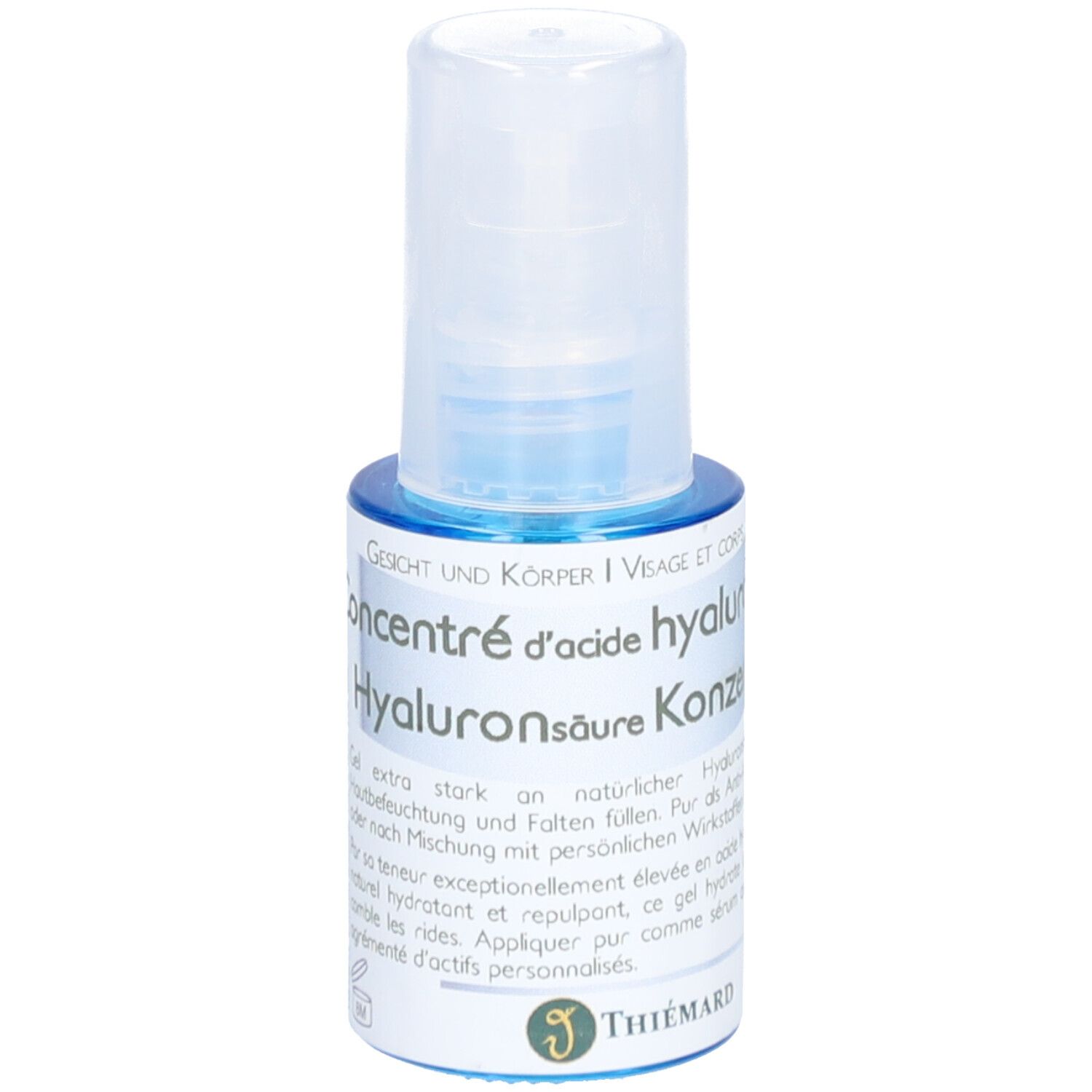 Kleine blauwe fles met witte dop. Opschrift: Gezicht & Lichaam, Hyaluronzuur Concentraat. Merk: Thiemard.