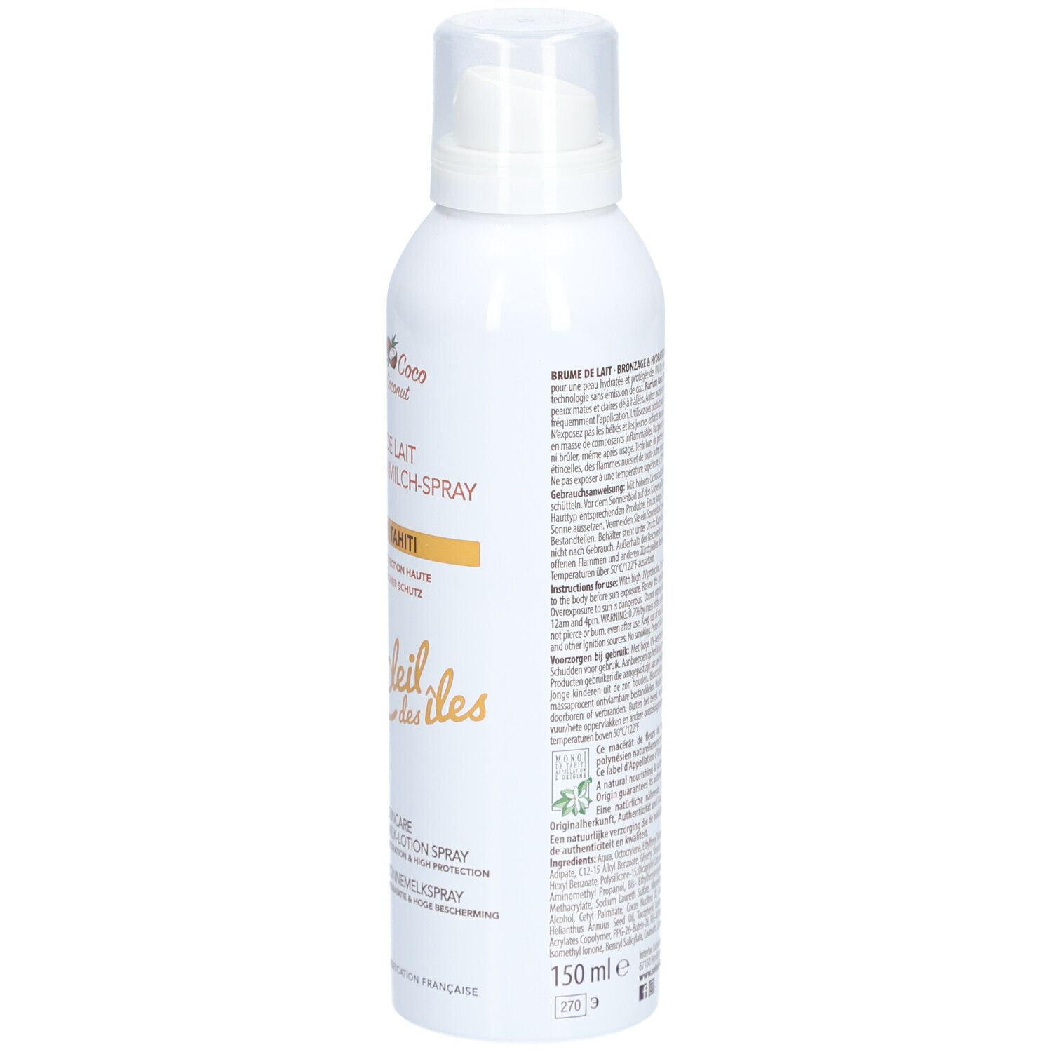 Witte sprayfles. Opschrift en tekst. Volume: 150 ml. Tekst: Soleil des îles.