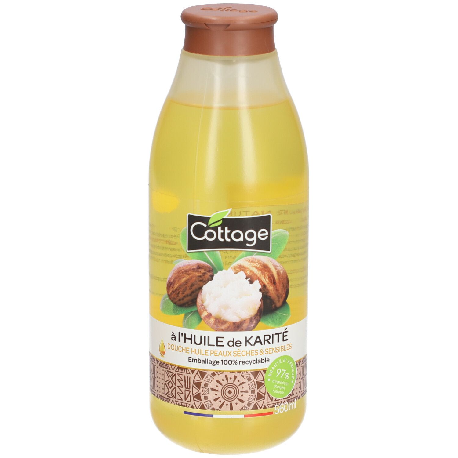 Fles douche-olie met shea-olie. Afbeelding van shea-noten. Verpakking 100% recyclebaar.