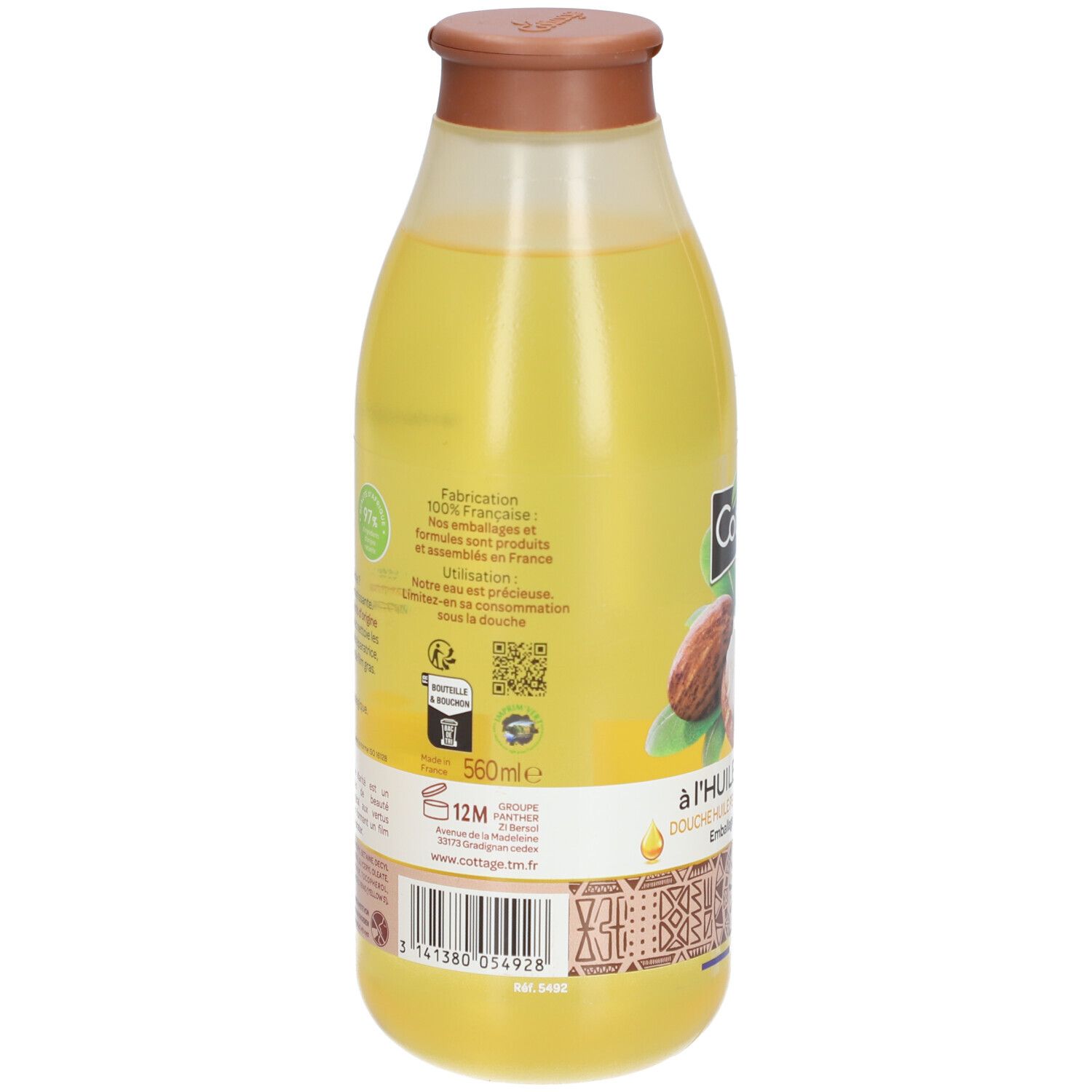 Achterkant van de fles. Tekst: Fabrication 100% Française. 560ml. 12M. QR-code. Streepjescode.