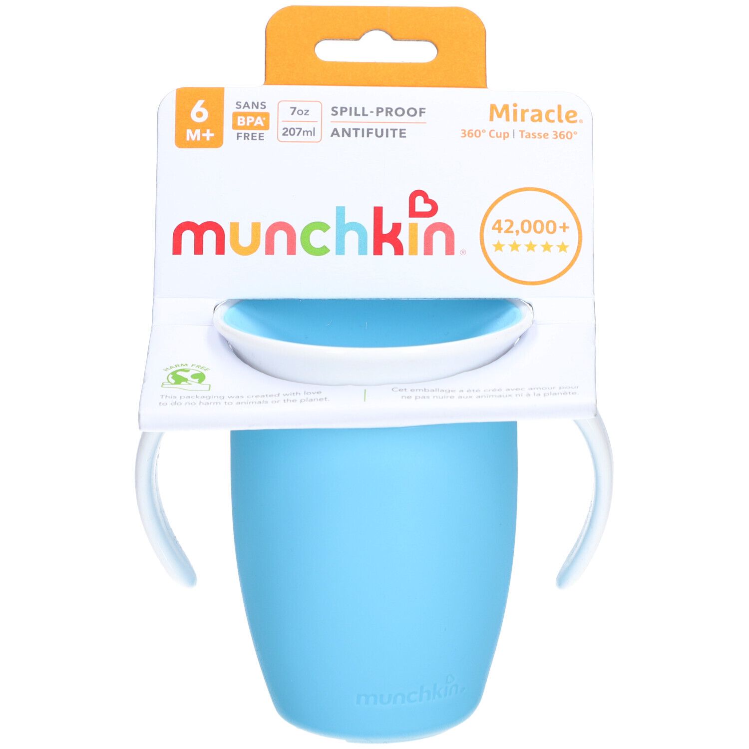 Blauwe beker met handvatten en verpakking. Merk: munchkin. Tekst: Miracle 360° Cup, BPA-vrij, 7oz, 6M+.