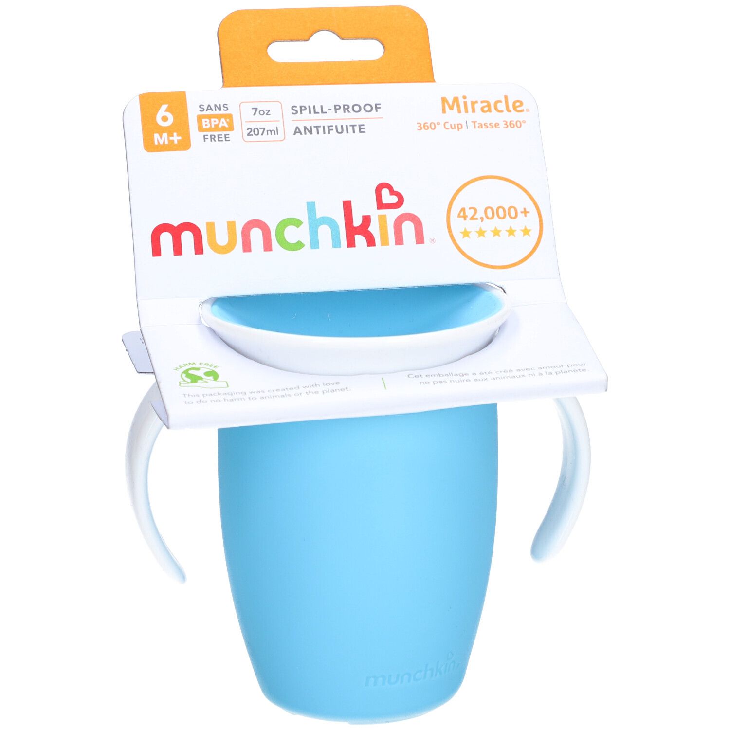 Blauwe beker met handvatten en verpakking. Merk: munchkin. Tekst: Miracle 360° Cup, BPA-vrij, 7oz, 6M+.