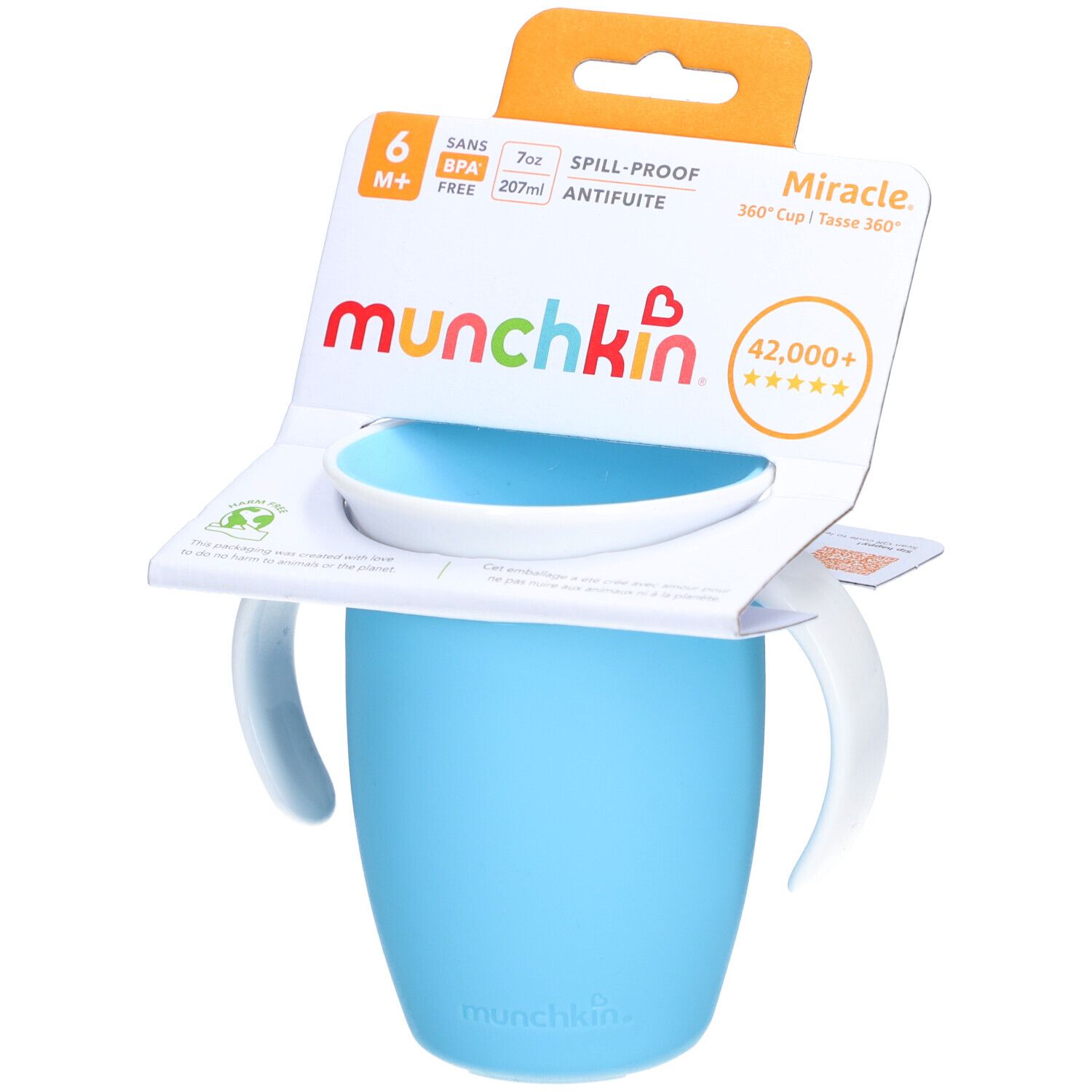 Blauwe beker met handvatten en verpakking. Merk: munchkin. Tekst: Miracle 360° Cup, BPA-vrij, 7oz, 6M+.