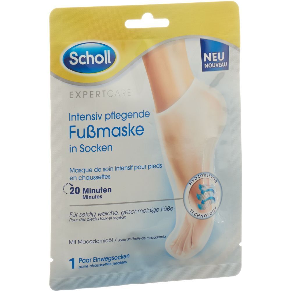 Masque de soin intensif pour pieds Scholl en chaussettes avec huile de macadamia. 1 paire de chaussettes jetables.