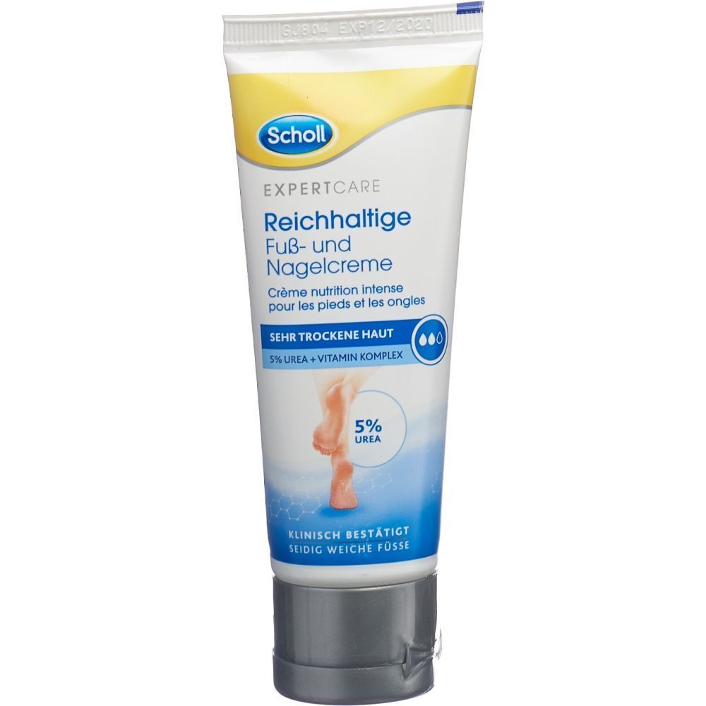 Tube Scholl Expertcare Crème Riche Pieds et Ongles avec 5% d'urée et complexe vitaminique pour peau très sèche.