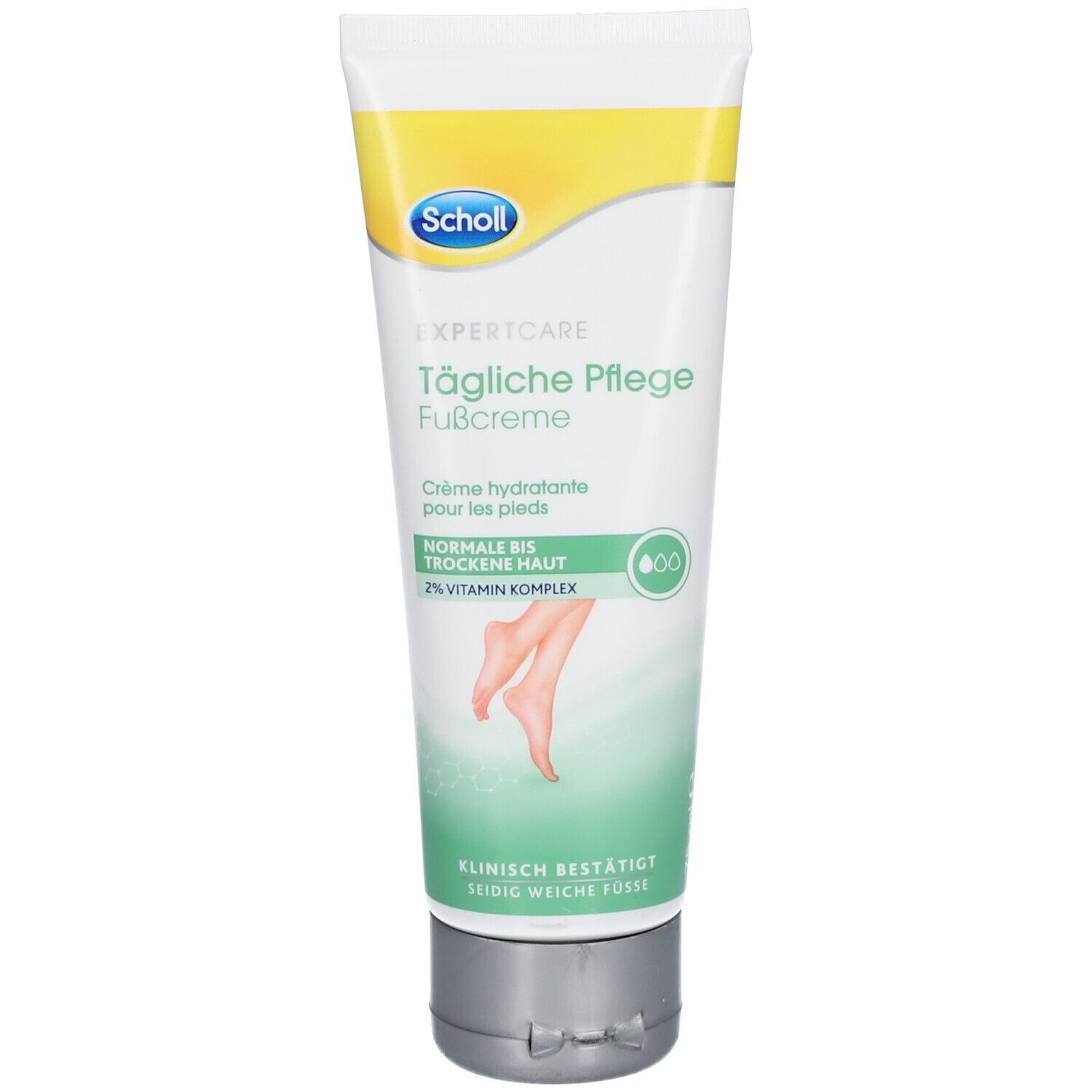 Tube de crème pour pieds Scholl Expert Care avec accent jaune et illustration de pieds.