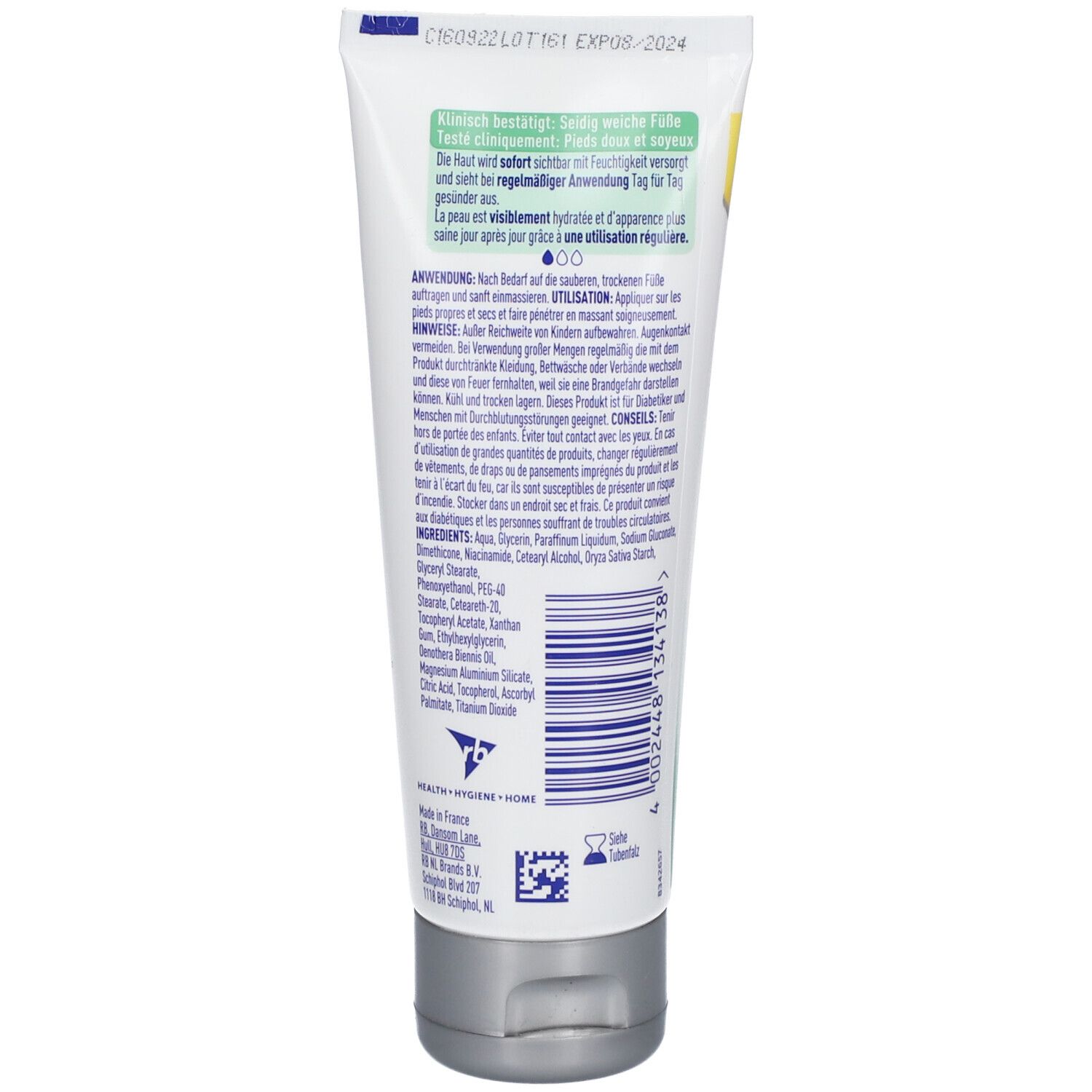 Arrière d'un tube de crème pour pieds Scholl Expert Care avec instructions d'utilisation et ingrédients.