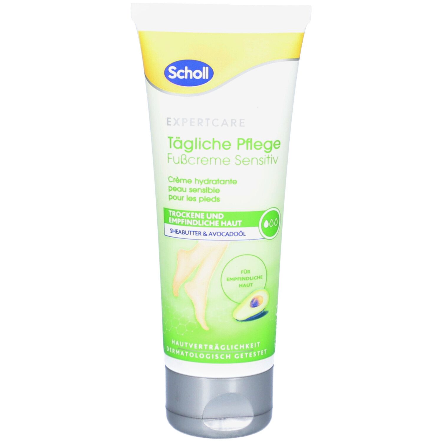 Tube de crème pour les pieds. Inscription : Scholl Expert Care, soin quotidien, crème pieds sensibles. Beurre de karité et huile d'avocat. Pour peau sensible.