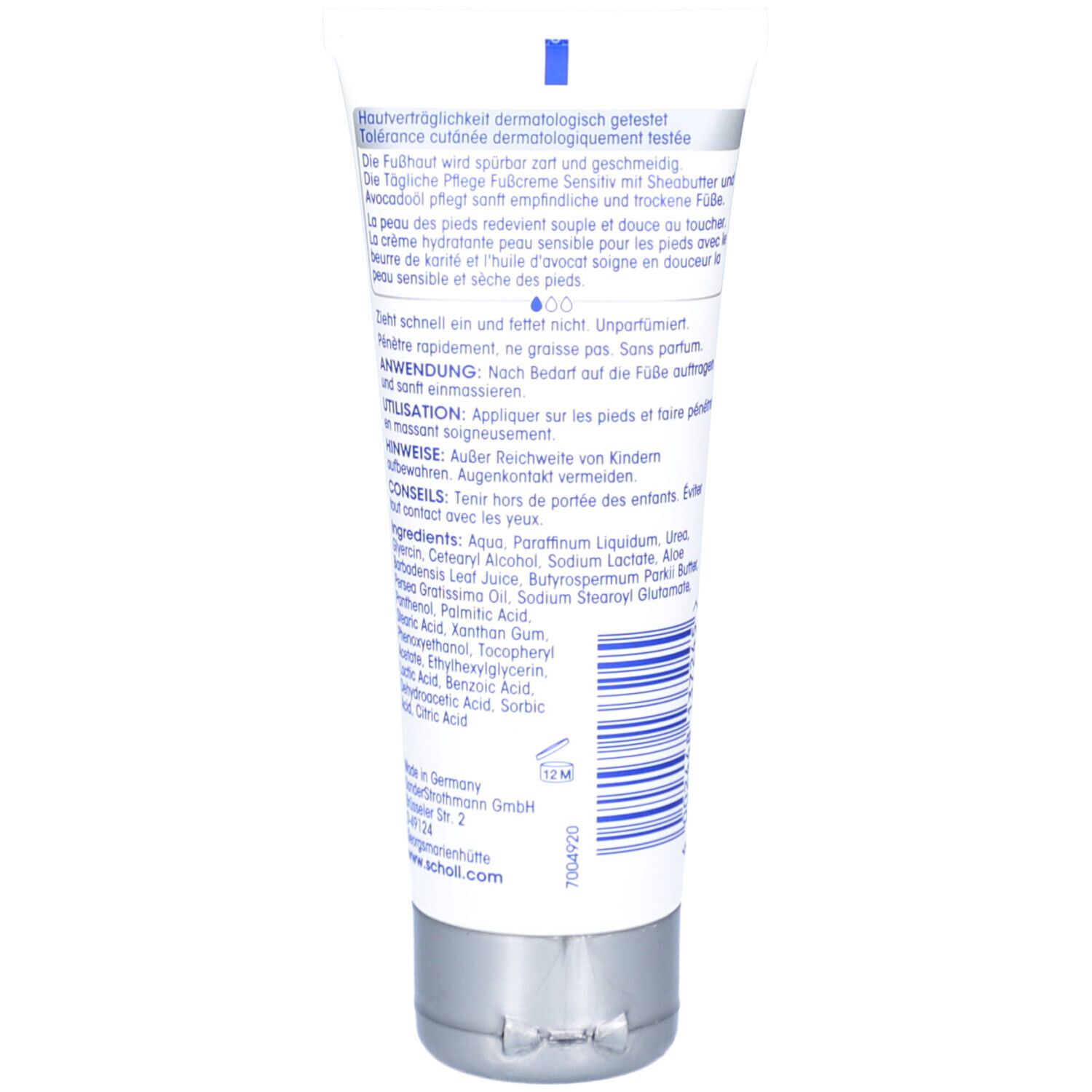 Dos du tube de crème pour les pieds. Texte : Mode d'emploi, conseils, ingrédients. Testé dermatologiquement. Informations fabricant.