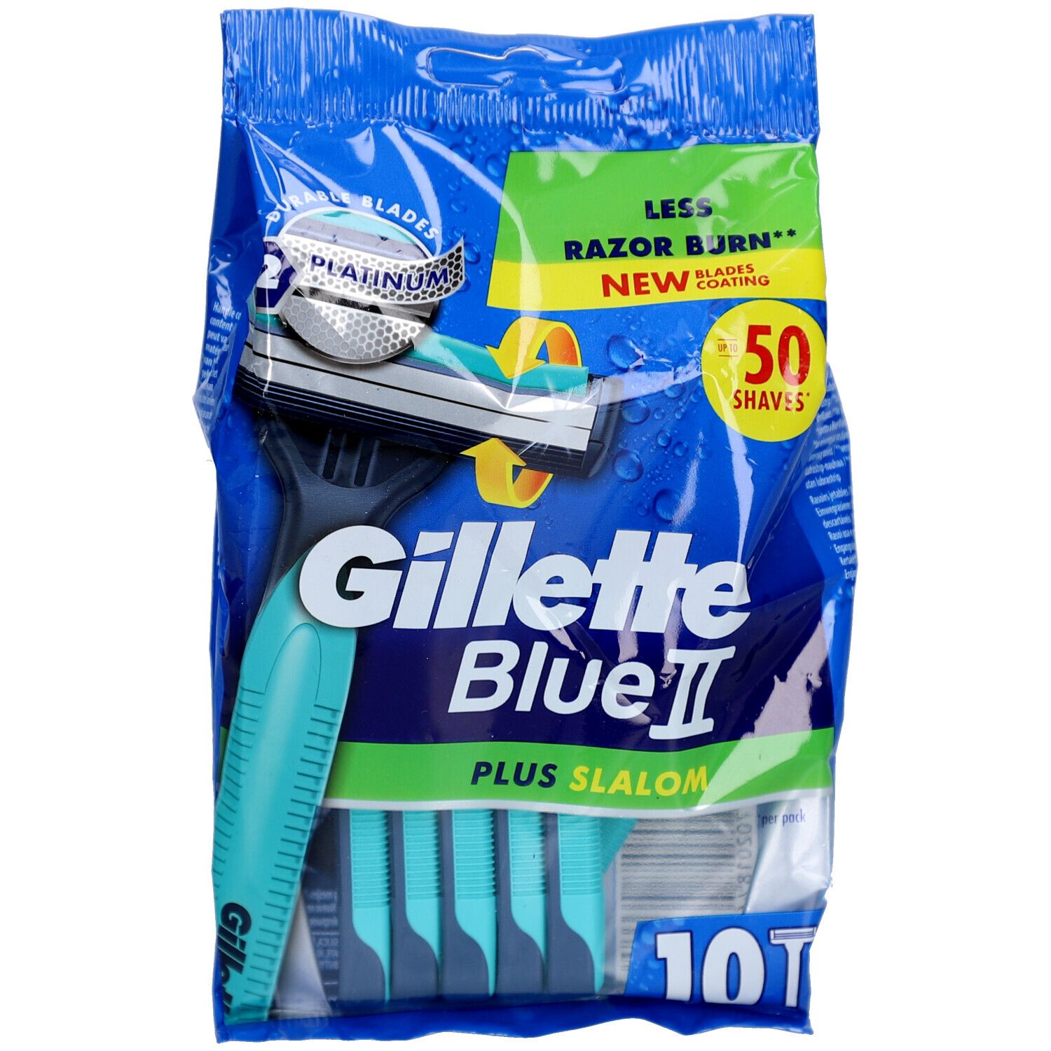 Verpakking met Gillette Blue II Plus Slalom scheermessen. Blauwe verpakking met productafbeelding. Bevat 10 stuks.