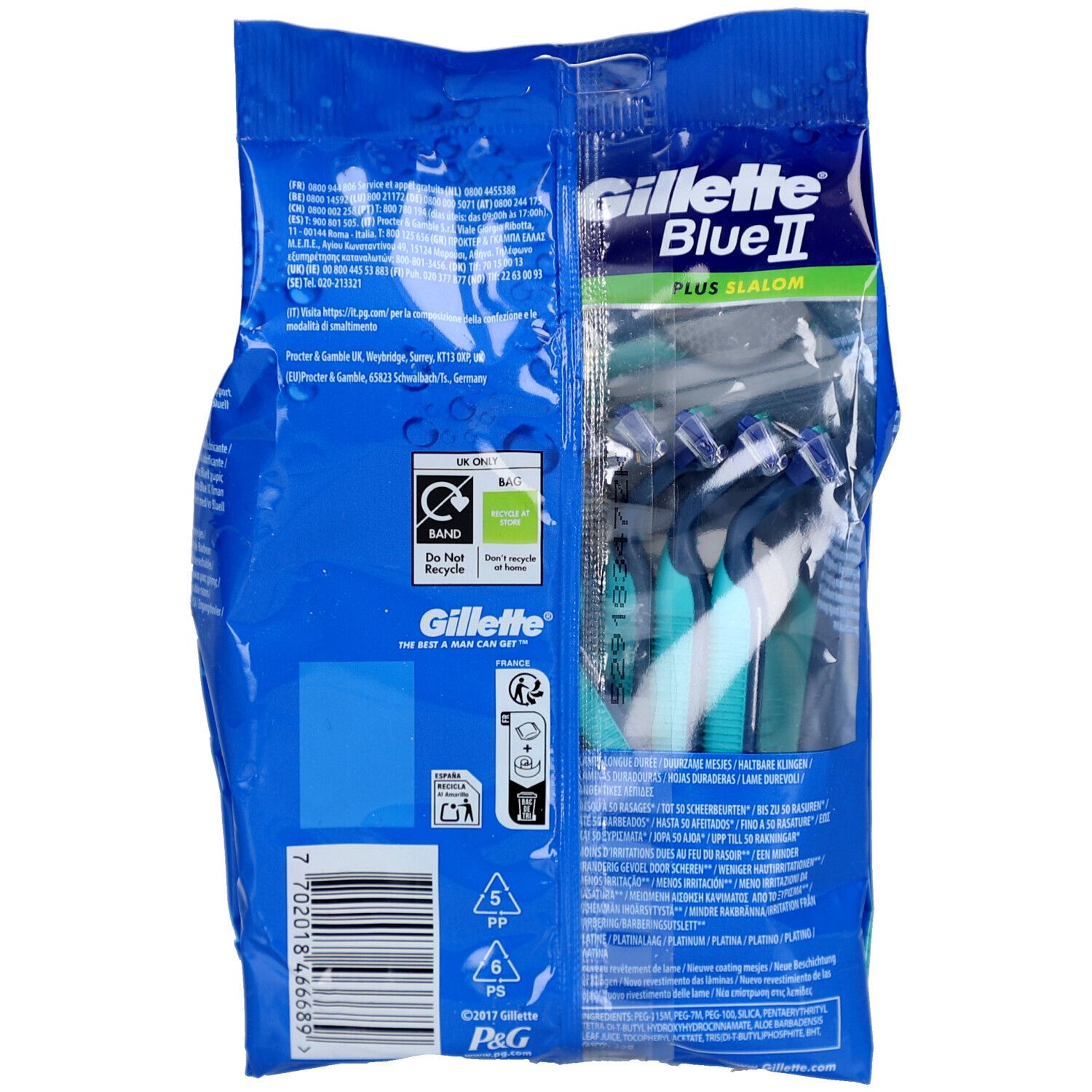 Achterkant van de verpakking met Gillette Blue II Plus Slalom scheermessen. Blauwe verpakking met tekst en scheermessen.