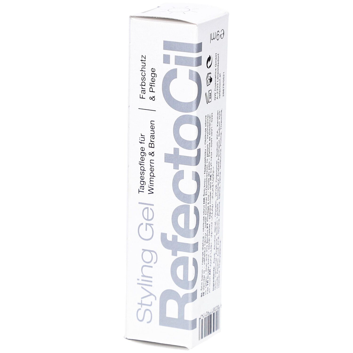 Emballage de gel coiffant. Boîte blanche avec nom et texte du produit. Protection de la couleur et soin.