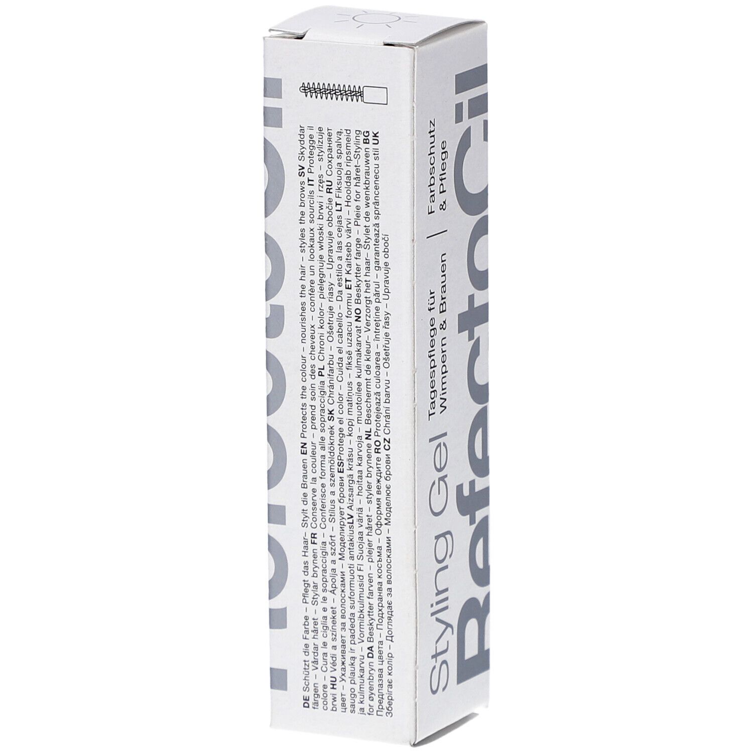Emballage de gel coiffant. Boîte blanche avec nom et texte du produit. Texte multilingue sur le côté.
