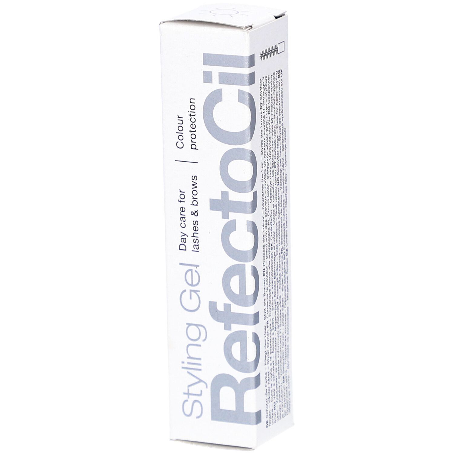 Emballage de gel coiffant. Boîte blanche avec nom et texte du produit. Soin de jour pour cils et sourcils.