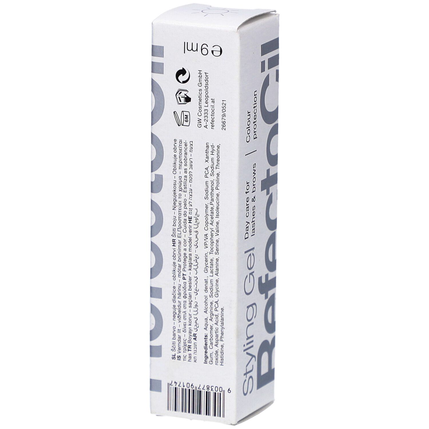 Emballage de gel coiffant. Boîte blanche avec nom et texte du produit. Ingrédients et informations fabricant.