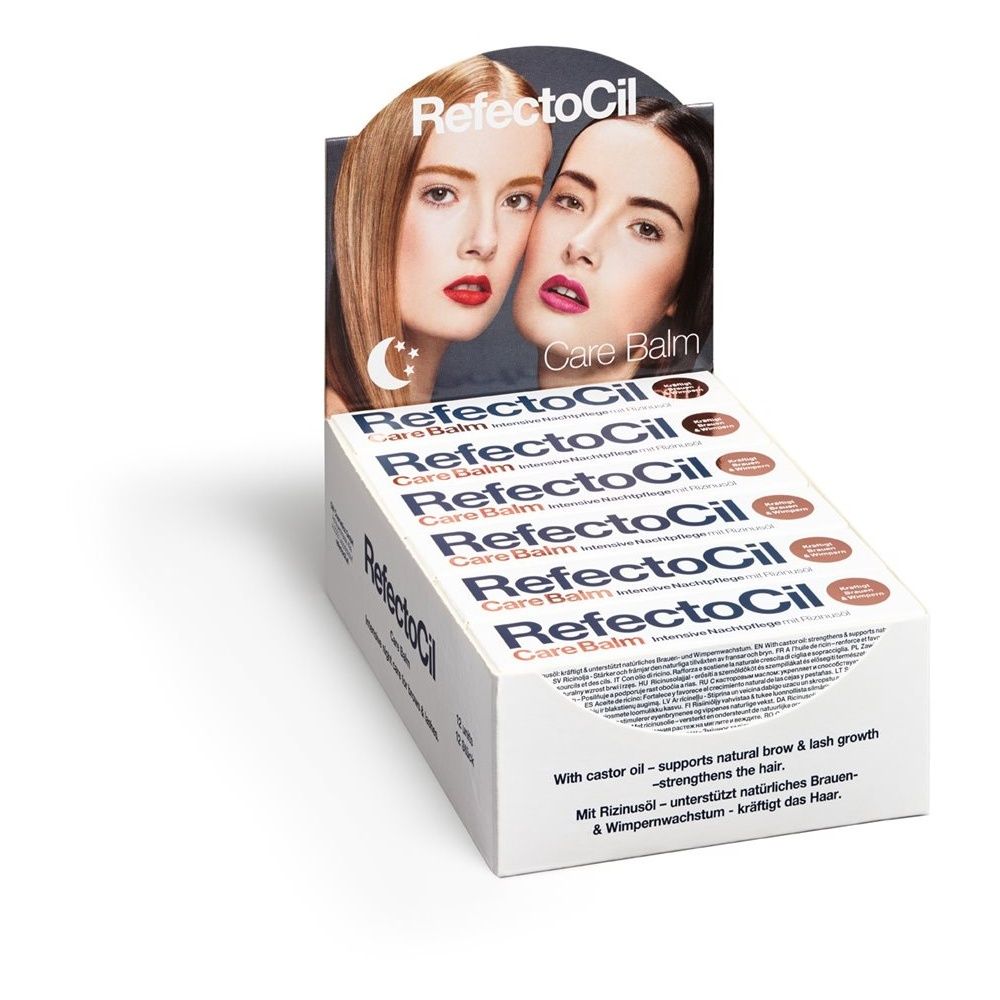 Présentoir RefectoCil Care Balm. Inscription : Care Balm, visages de femmes. Emballages de produits dans une boîte.