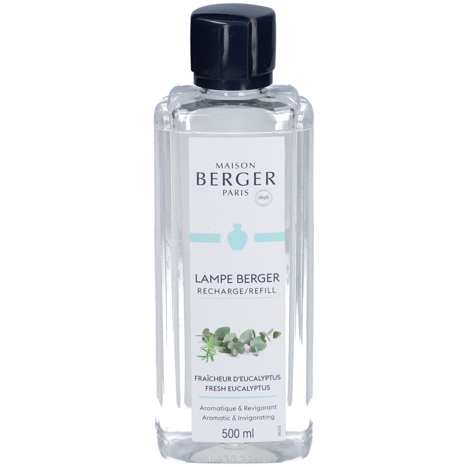 Navulling voor geurlamp. Maison Berger Paris, Frisse Eucalyptus. Fles met zwarte dop. 500 ml.
