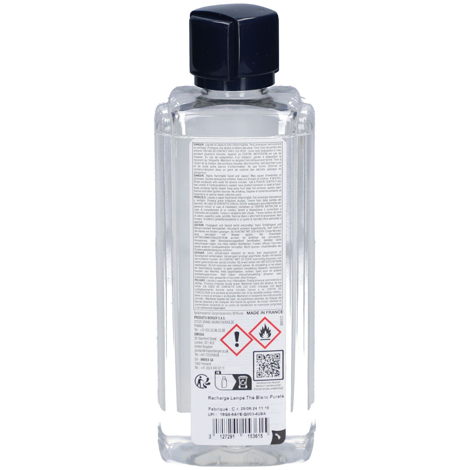 Dos d'un flacon transparent avec bouchon noir. Étiquette avec texte et avertissements.