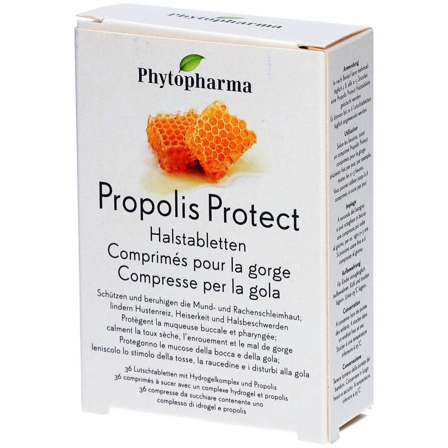Doosje Phytopharma Propolis Protect Halstabletten. Honingraat illustratie. Tekst in Duits, Frans, Italiaans.